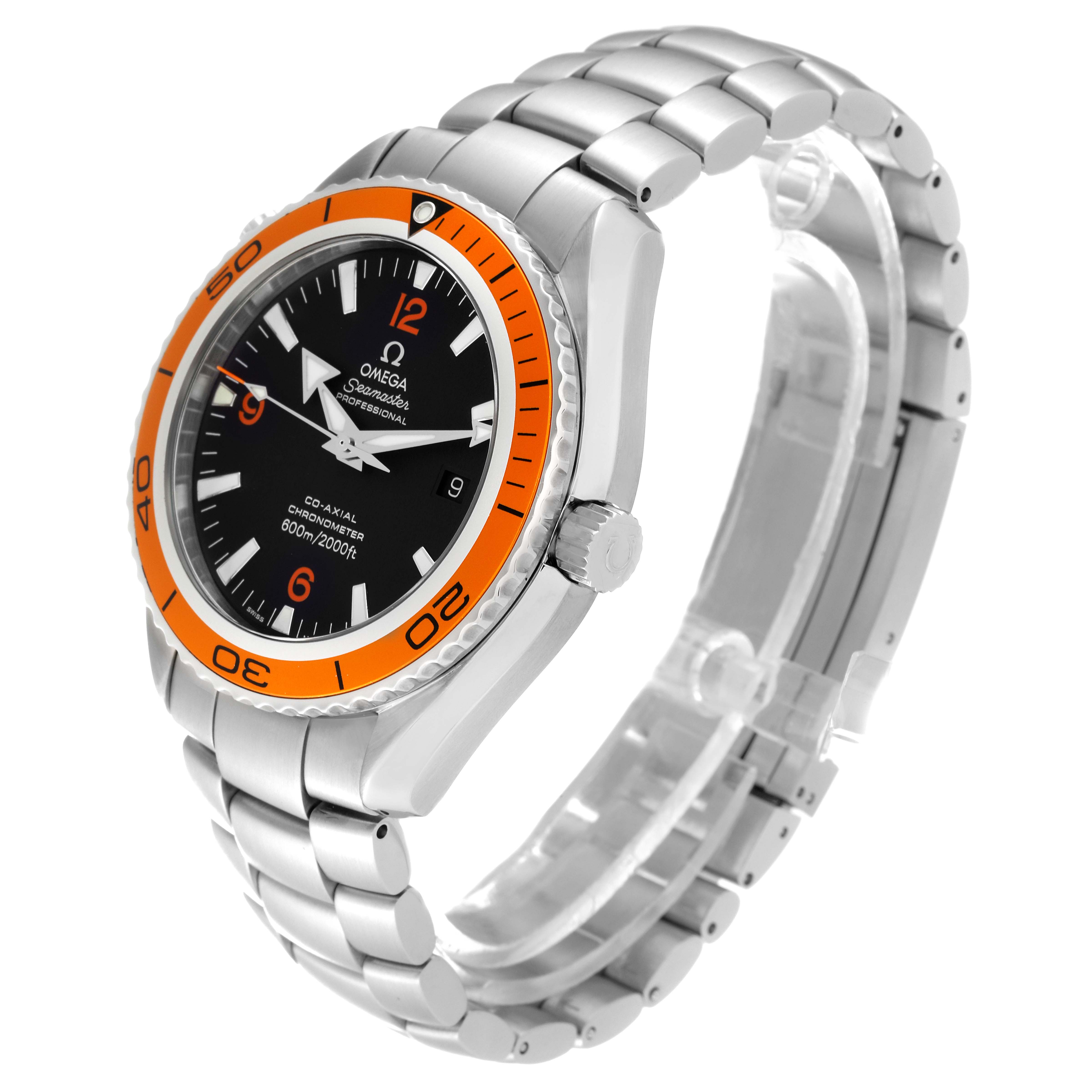 The Omega Planet Ocean 2208.50.00 Men
s Stainless Steel Black Dial 2208.50.00 Men
s Stainless Steel Black Dial watch is shown in a side-angle view, displaying the bezel, dial, crown, and metallic bracelet.