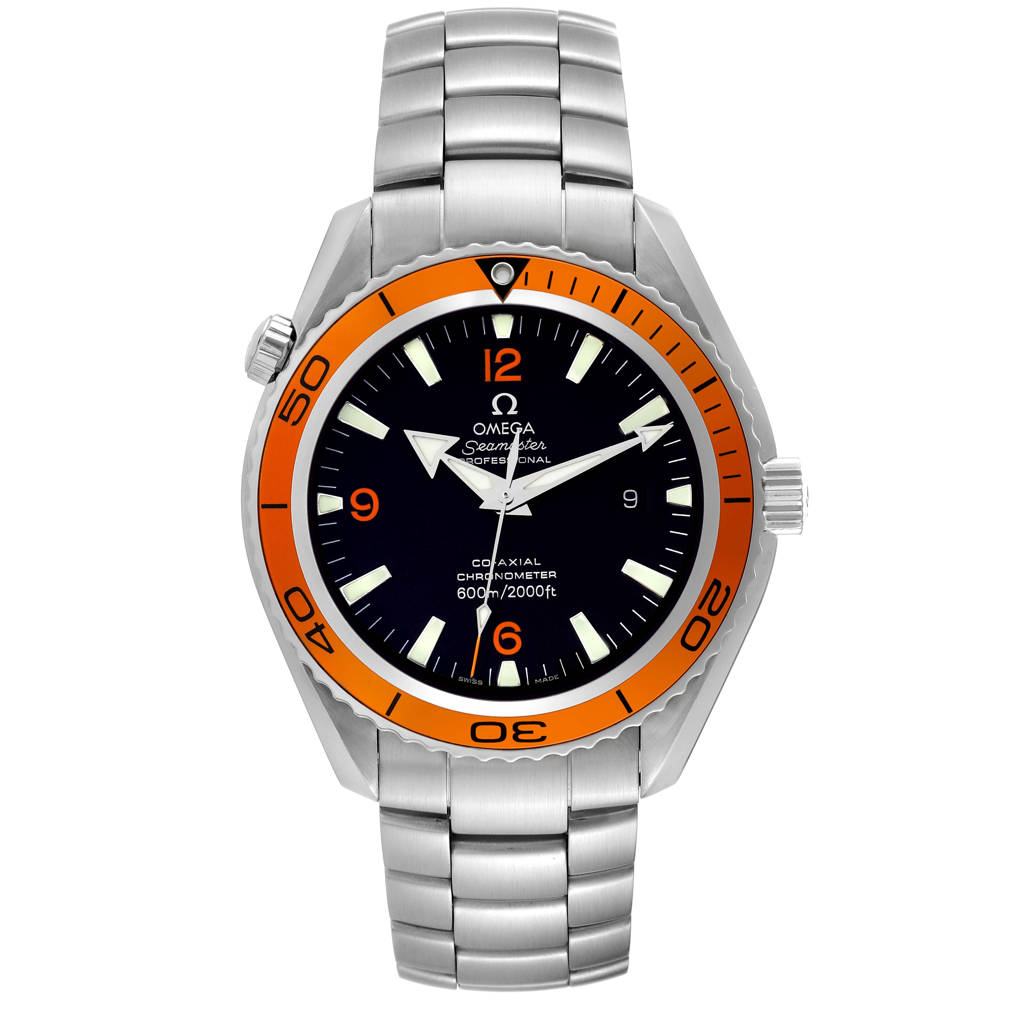 The image shows a front view of the Omega Planet Ocean 2208.50.00 Men
s Stainless Steel Black Dial 2208.50.00 Men
s Stainless Steel Black Dial watch, highlighting its face, bezel, and part of the bracelet.