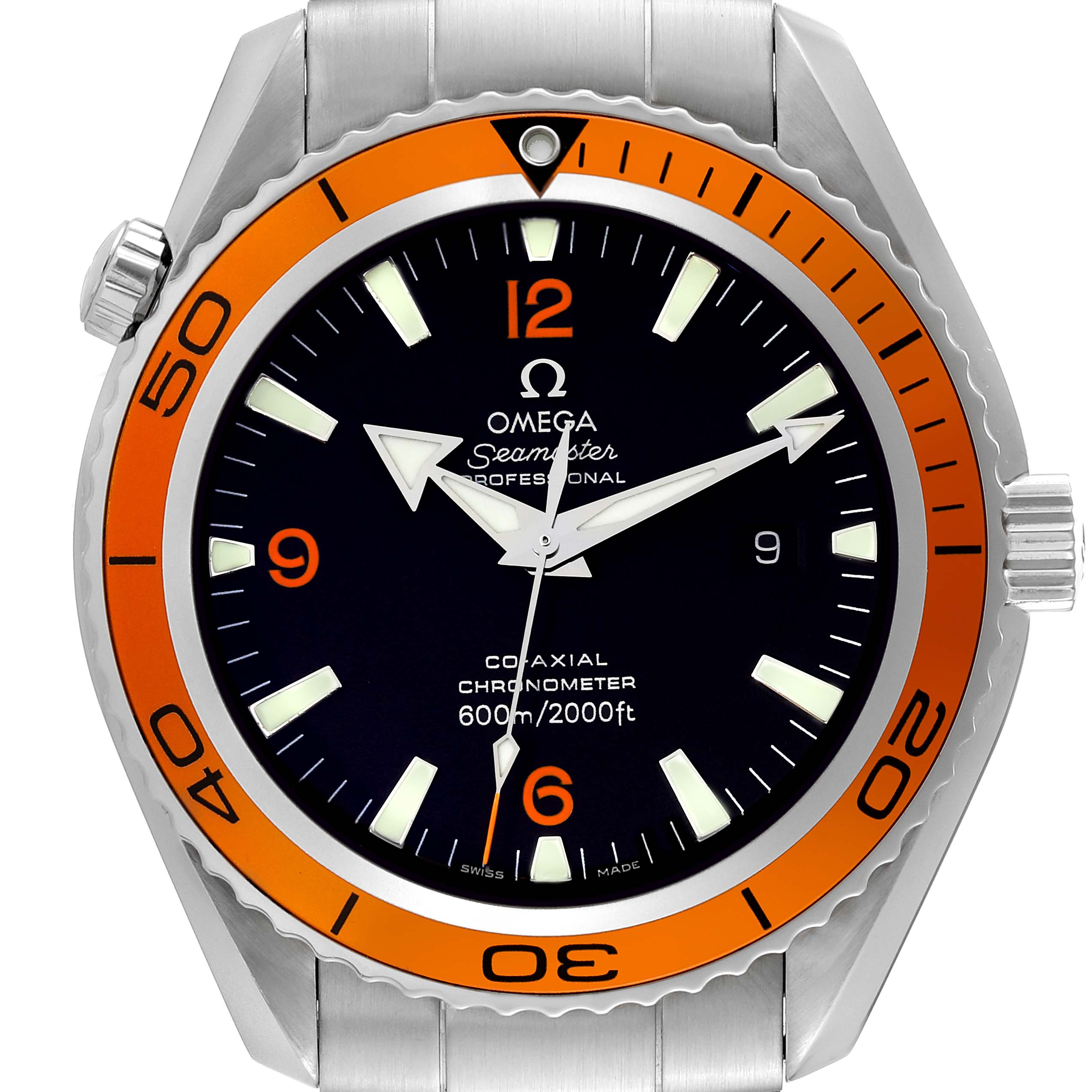This image shows a front view of the Omega Planet Ocean 2208.50.00 Men
s Stainless Steel Black Dial 2208.50.00 Men
s Stainless Steel Black Dial watch, highlighting the orange bezel, crown, and dial with hands and markers.