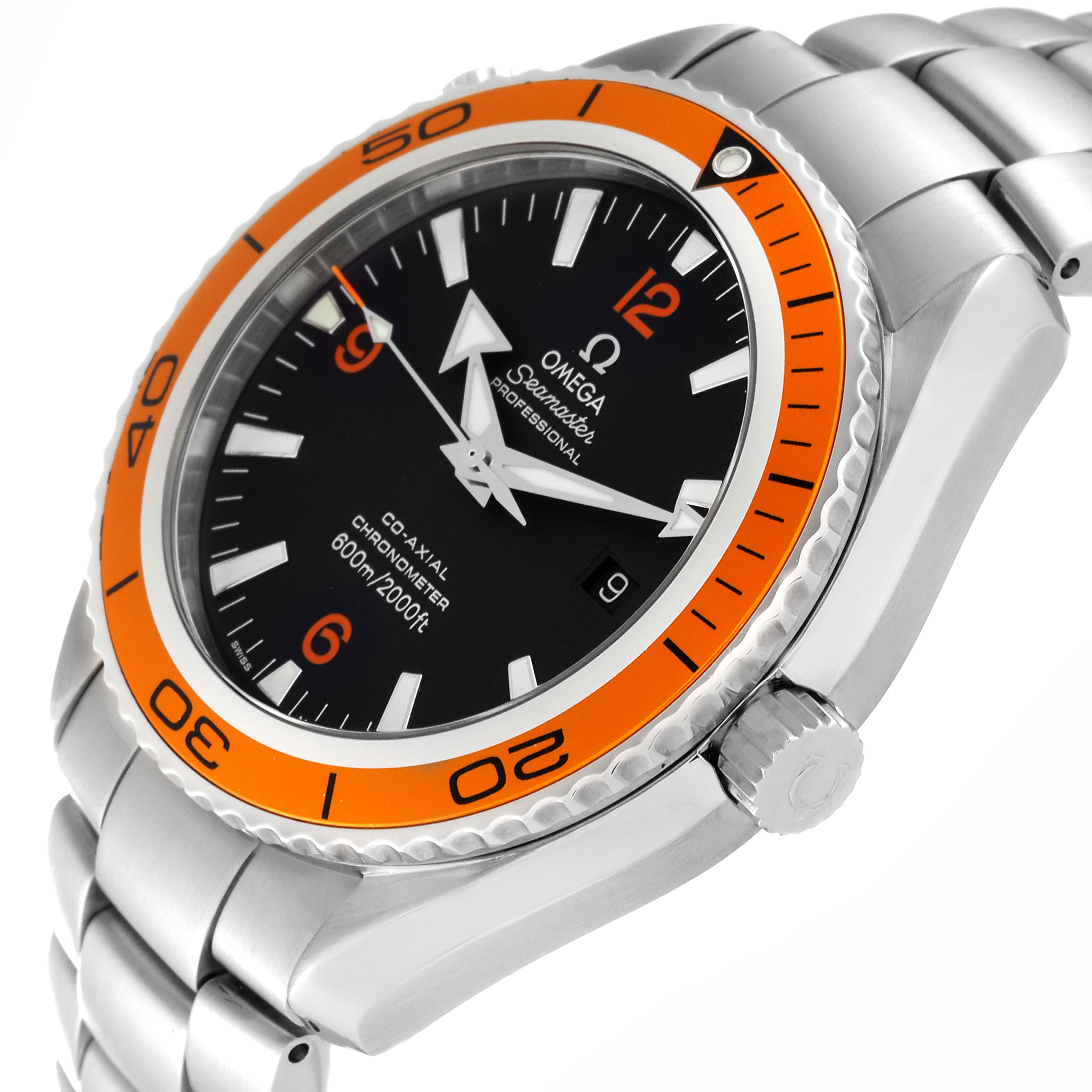 This image shows the Omega Planet Ocean 2208.50.00 Men
s Stainless Steel Black Dial 2208.50.00 Men
s Stainless Steel Black Dial watch at an angle displaying the face, bezel, crown, and part of the bracelet.