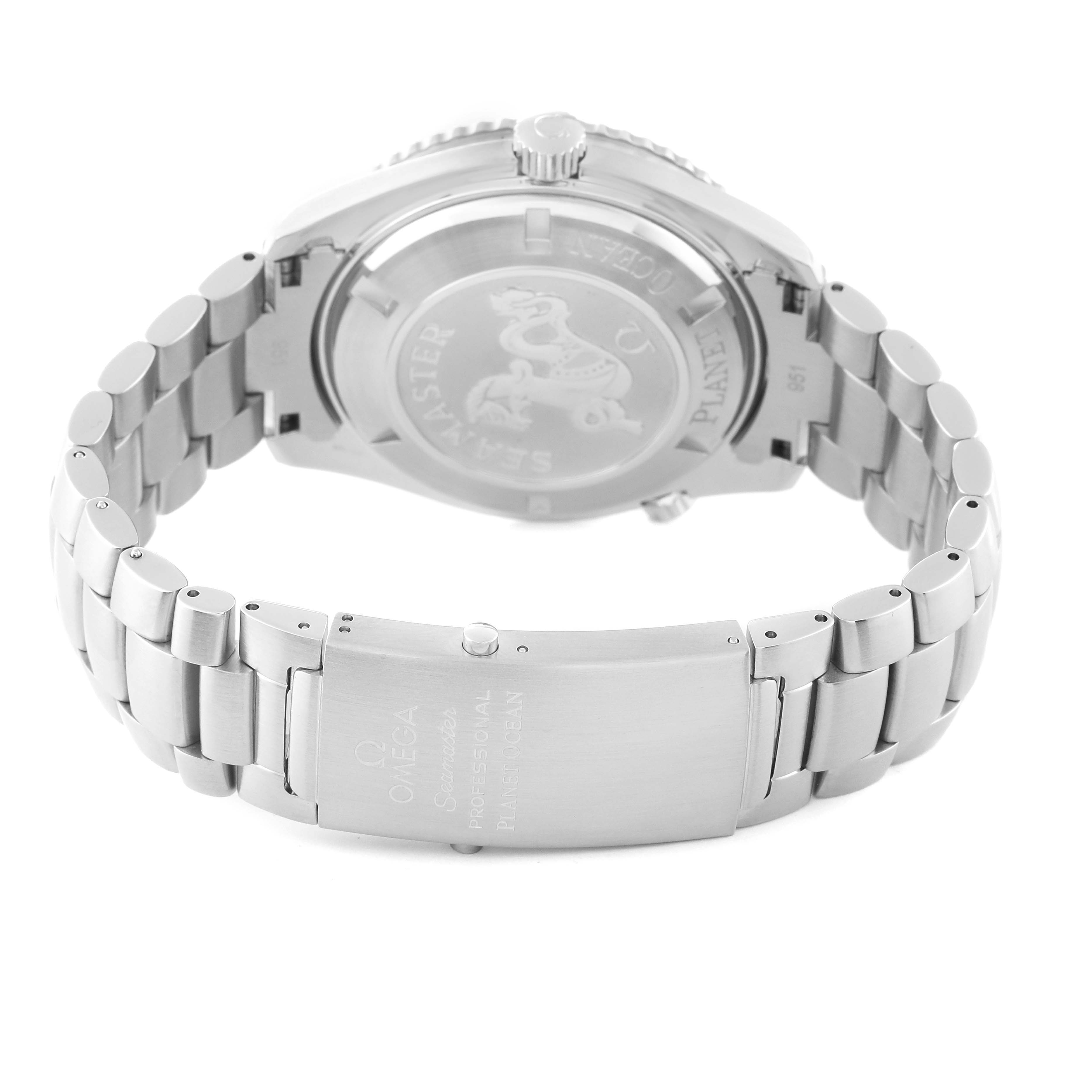 This image of an Omega Planet Ocean 2208.50.00 Men
s Stainless Steel Black Dial 2208.50.00 Men
s Stainless Steel Black Dial watch shows the case back and the stainless steel bracelet clasp at an angled view.