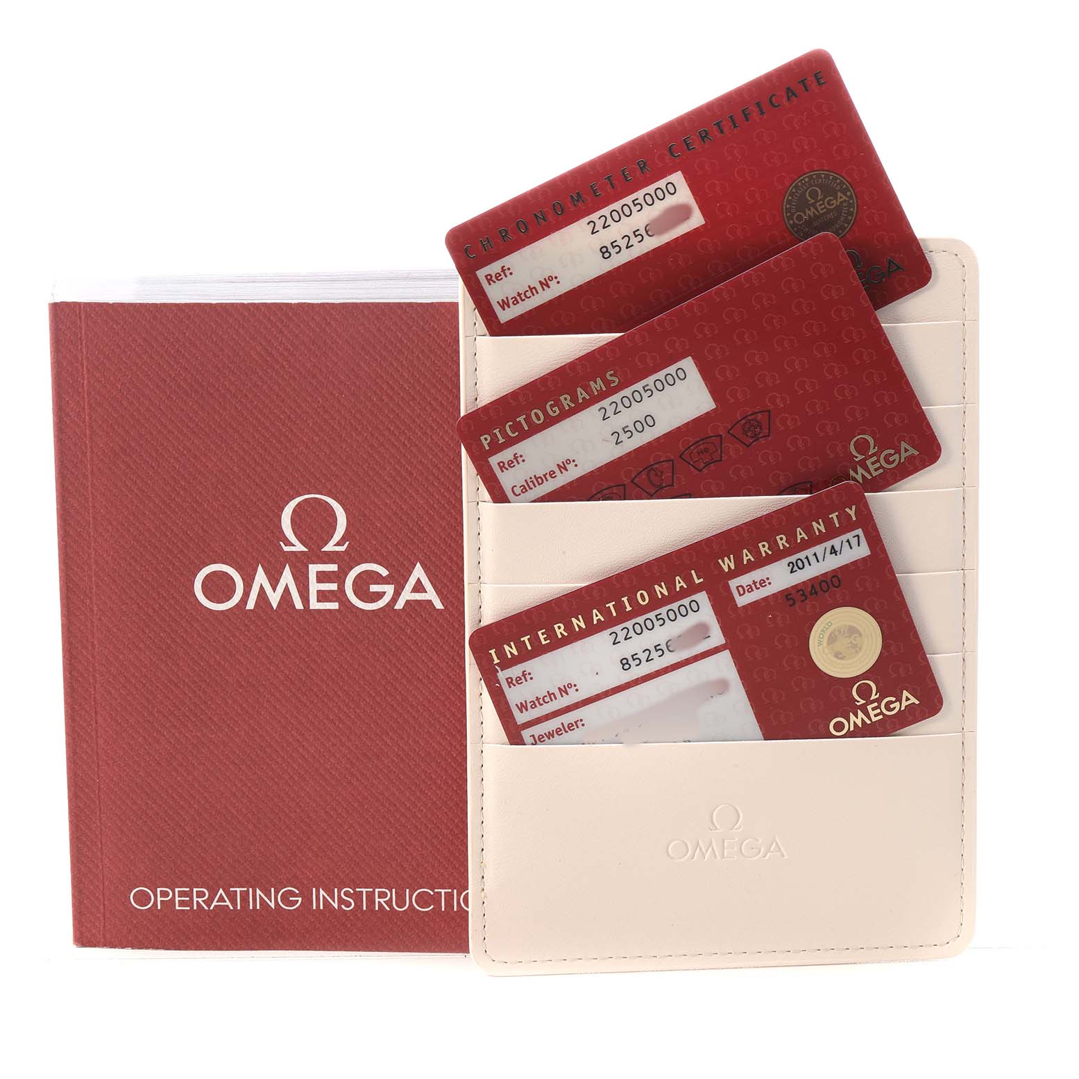 The image shows the Omega Planet Ocean 2200.50.00 Men's Stainless Steel Black Dial accessories, including an operating manual and warranty cards in a holder.