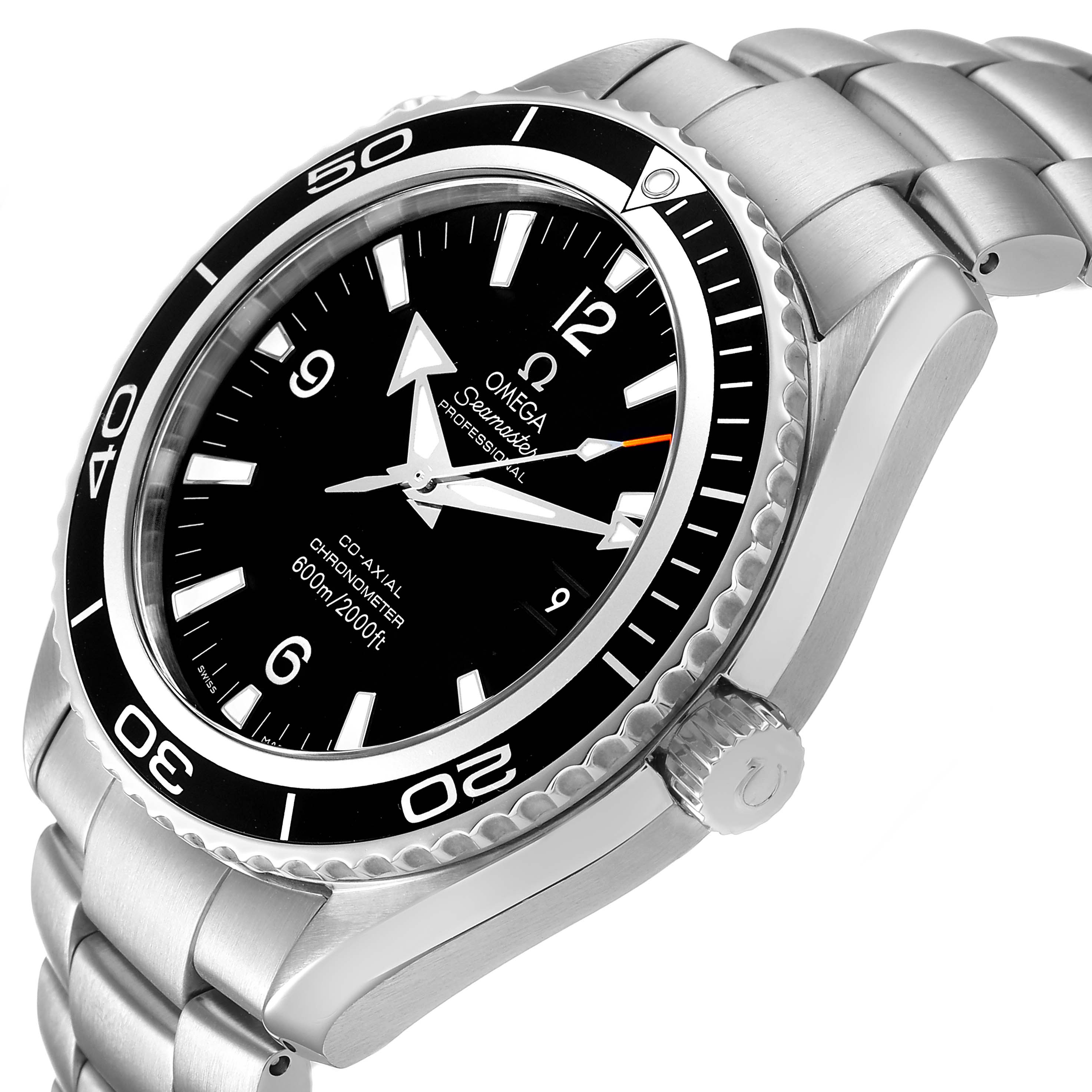 The Omega Planet Ocean 2200.50.00 Men's Stainless Steel Black Dial watch is shown at a three-quarter angle, highlighting the face, bezel, crown, and bracelet.
