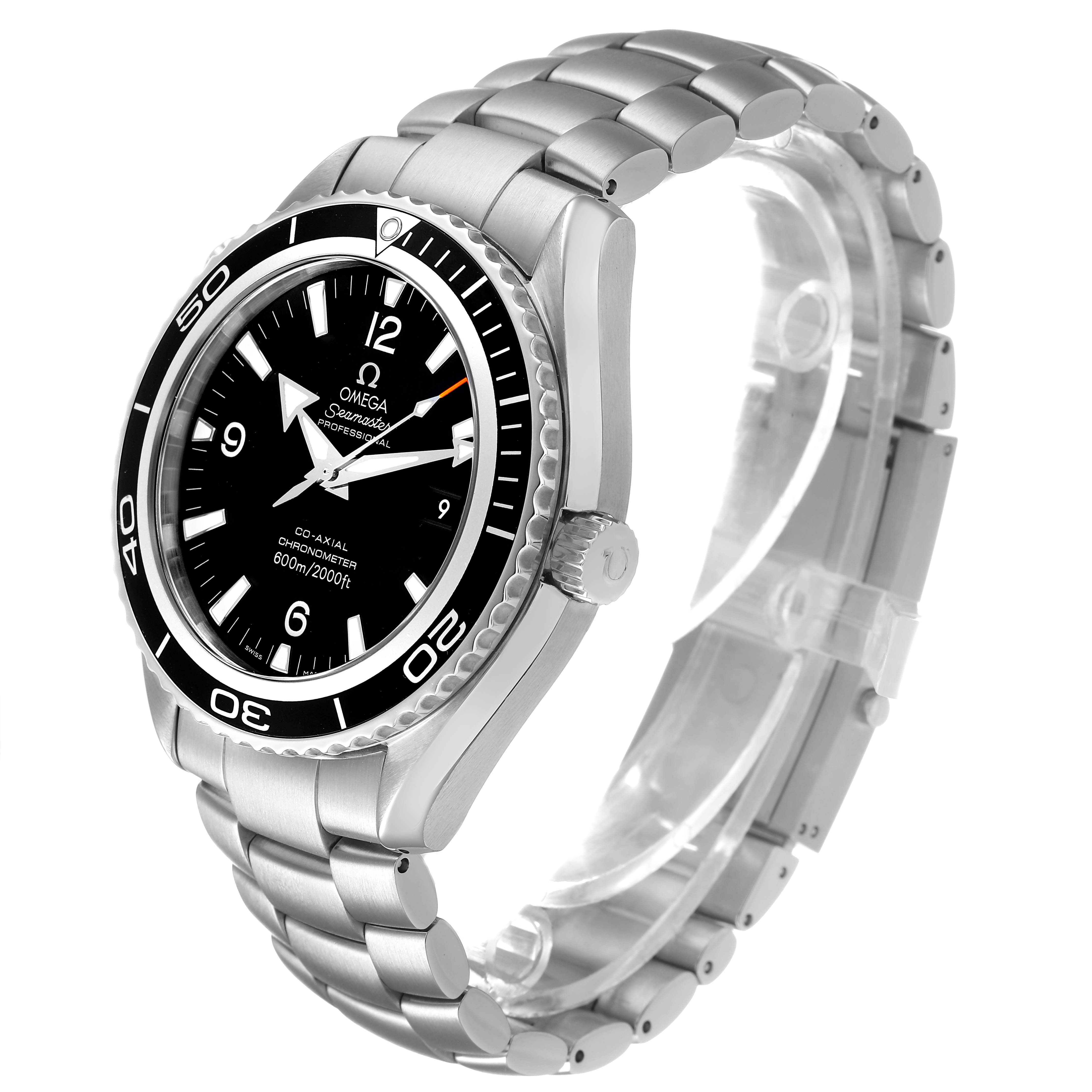 The Omega Planet Ocean 2200.50.00 Men's Stainless Steel Black Dial watch is shown in a three-quarter view, displaying the bezel, dial, bracelet, and crown.