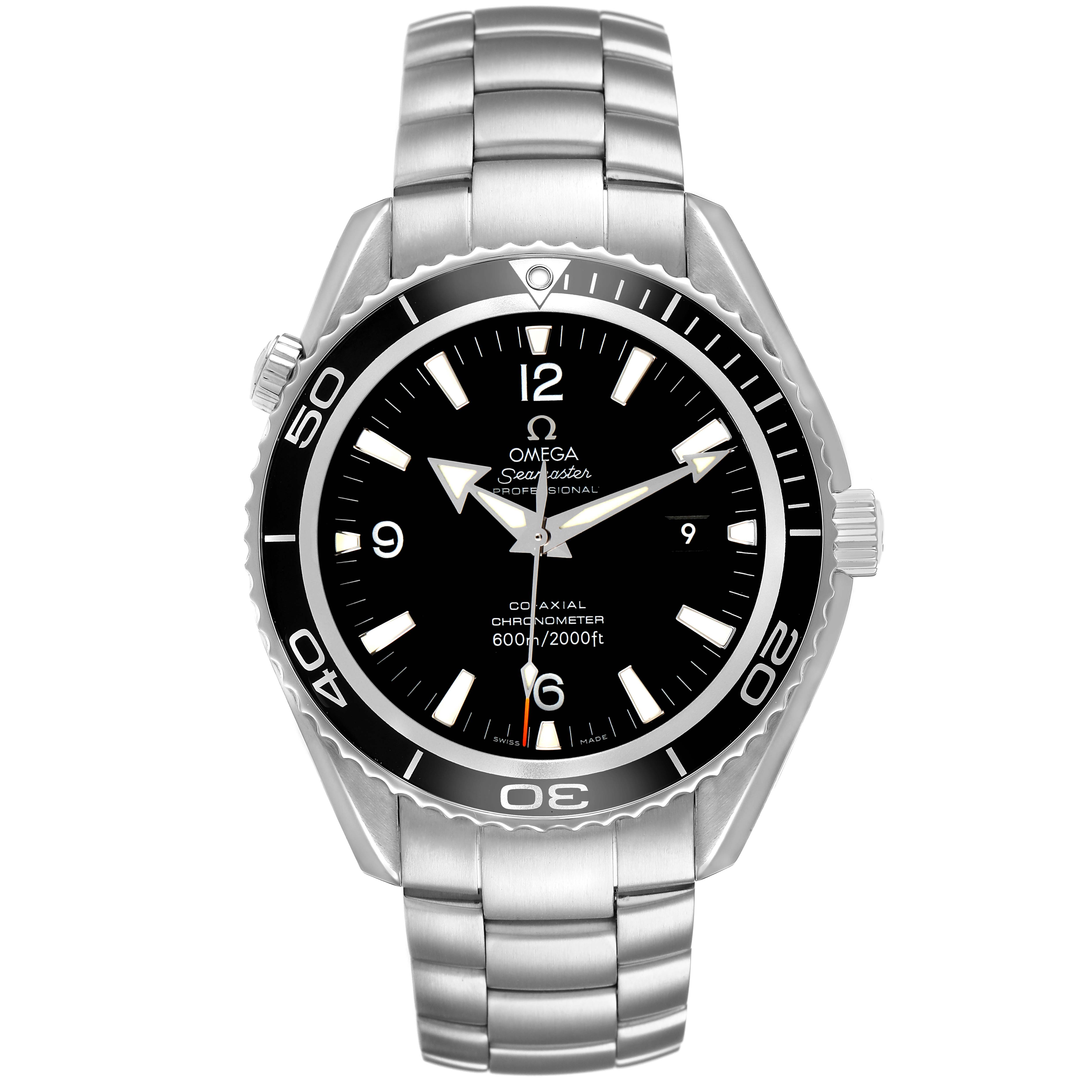 The Omega Planet Ocean 2200.50.00 Men's Stainless Steel Black Dial watch is shown from the front, displaying its dial, bezel, and bracelet.