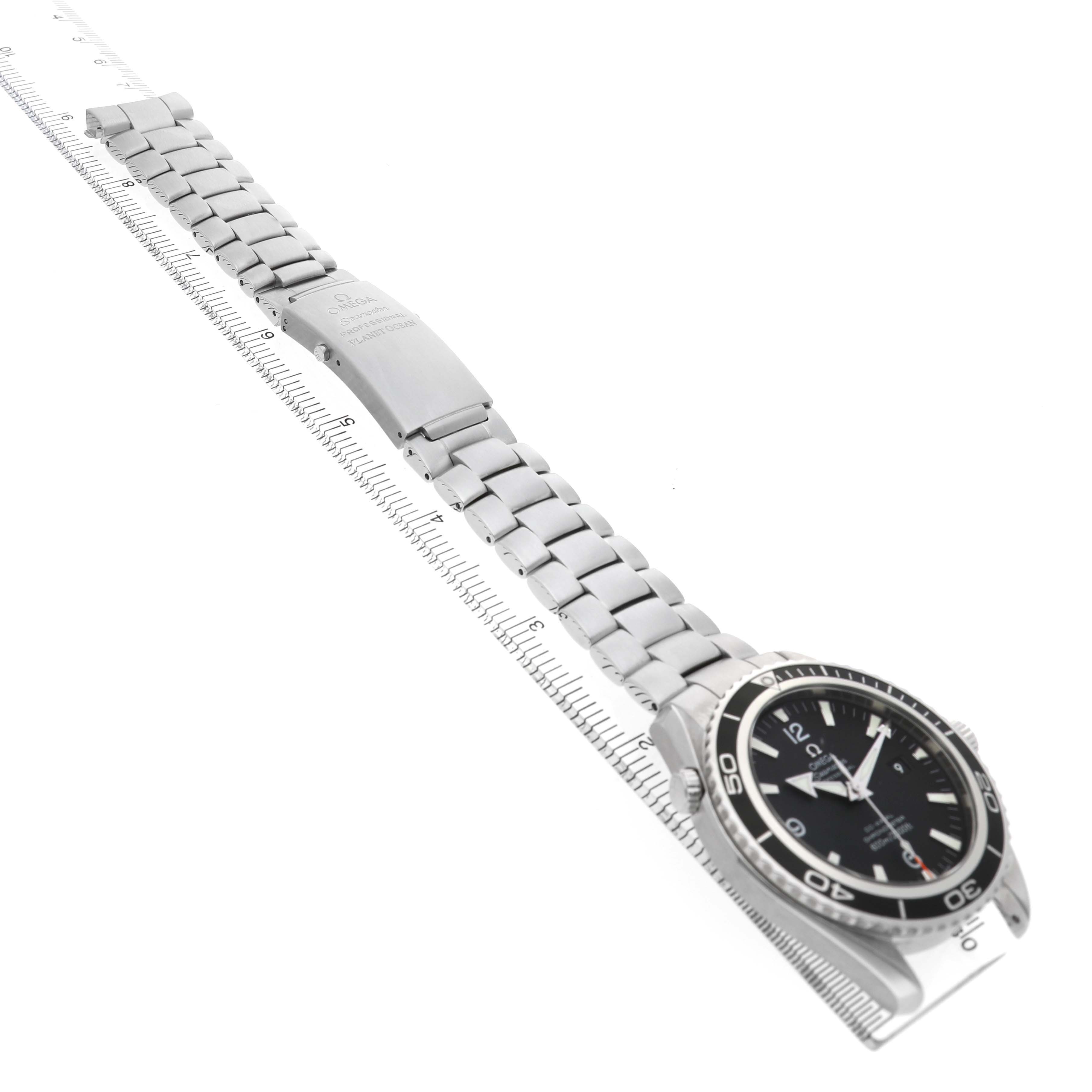 The Omega Planet Ocean 2200.50.00 Men's Stainless Steel Black Dial watch is shown at an angled top-down view, displaying the bracelet, clasp, bezel, and face.