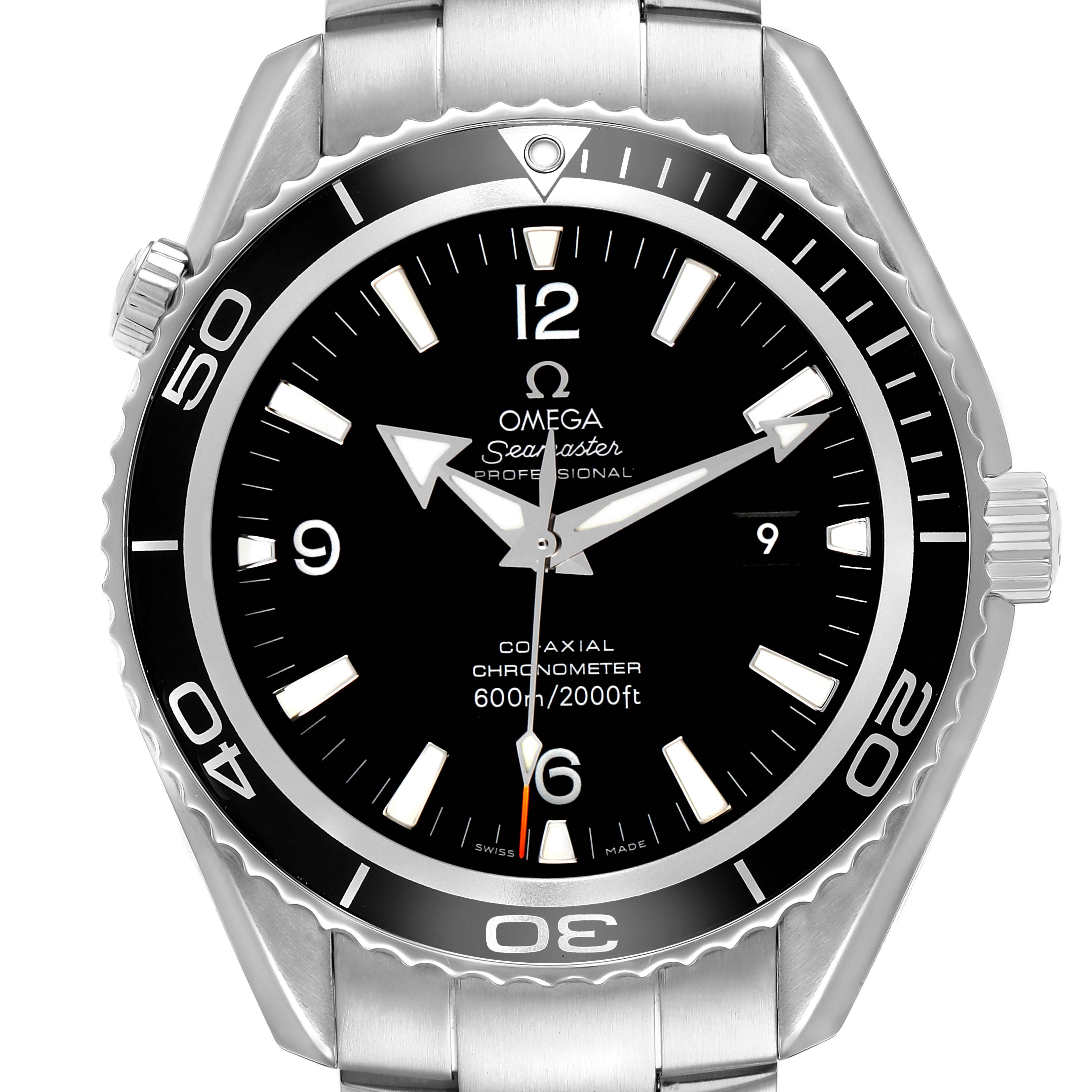 The Omega Planet Ocean 2200.50.00 Men's Stainless Steel Black Dial watch is shown from a front angle, highlighting the dial, bezel, and bracelet.