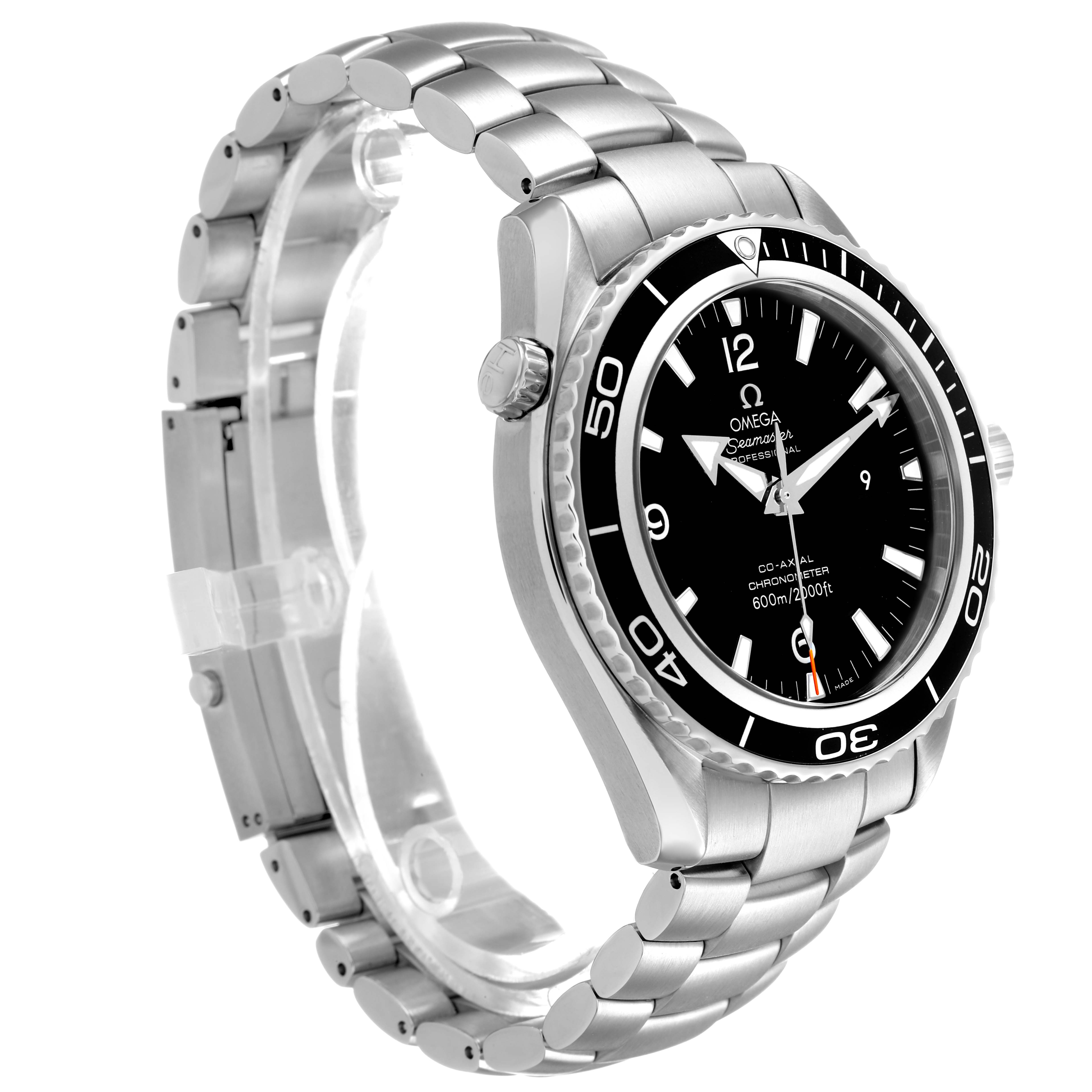 The image shows a side angle of the Omega Planet Ocean 2200.50.00 Men's Stainless Steel Black Dial watch, featuring its bezel, dial, crown, and stainless steel bracelet.