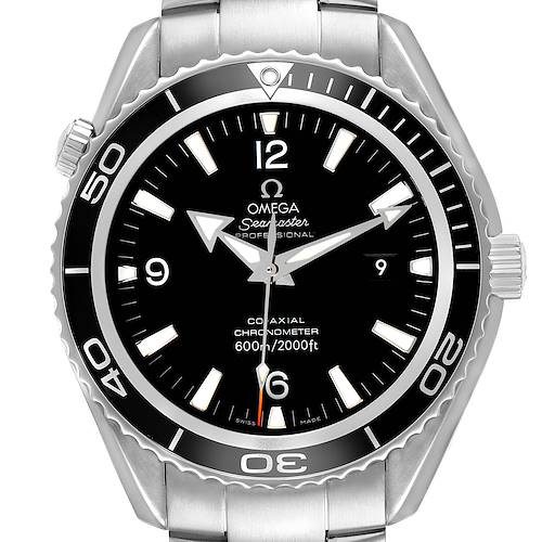 The Omega Planet Ocean 2200.50.00 Men's Stainless Steel Black Dial watch is shown from a front angle, highlighting the bezel, dial, and hands.