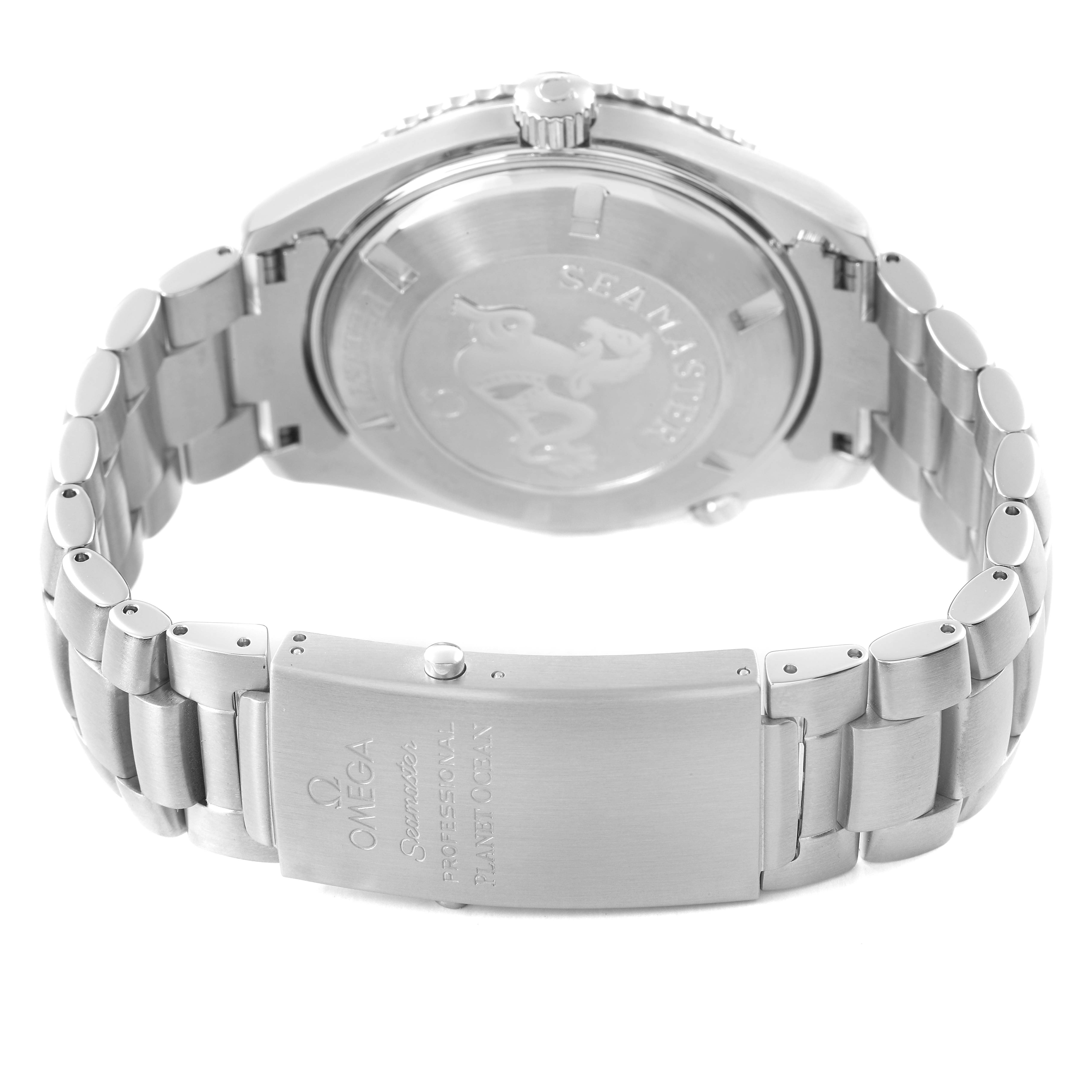 The image shows the back and clasp of the Omega Planet Ocean 2200.50.00 Men's Stainless Steel Black Dial watch, featuring the bracelet and case back engravings.