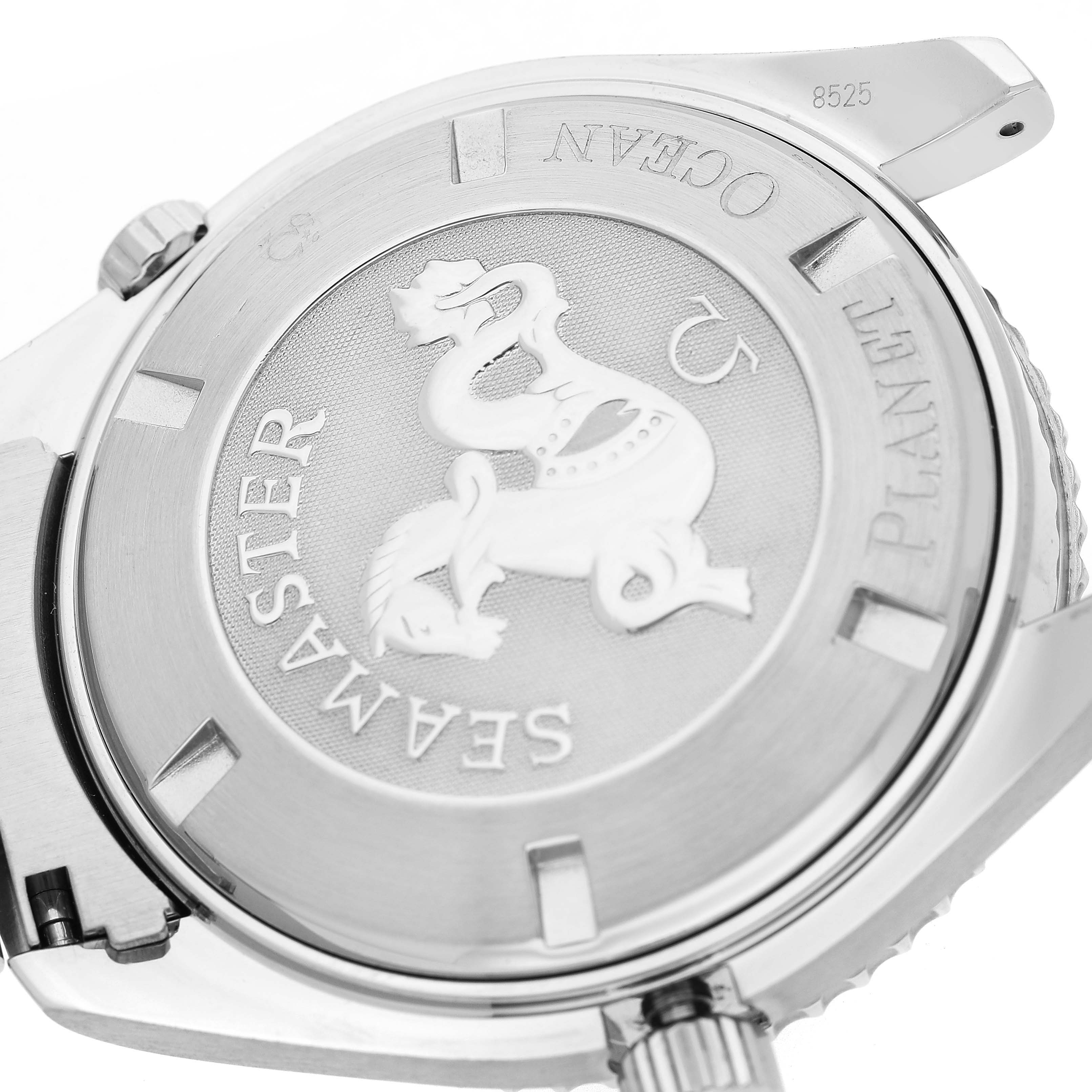 The image shows the back of an Omega Planet Ocean 2200.50.00 Men's Stainless Steel Black Dial watch, highlighting the engraved case back with "Seamaster" and the Omega logo.