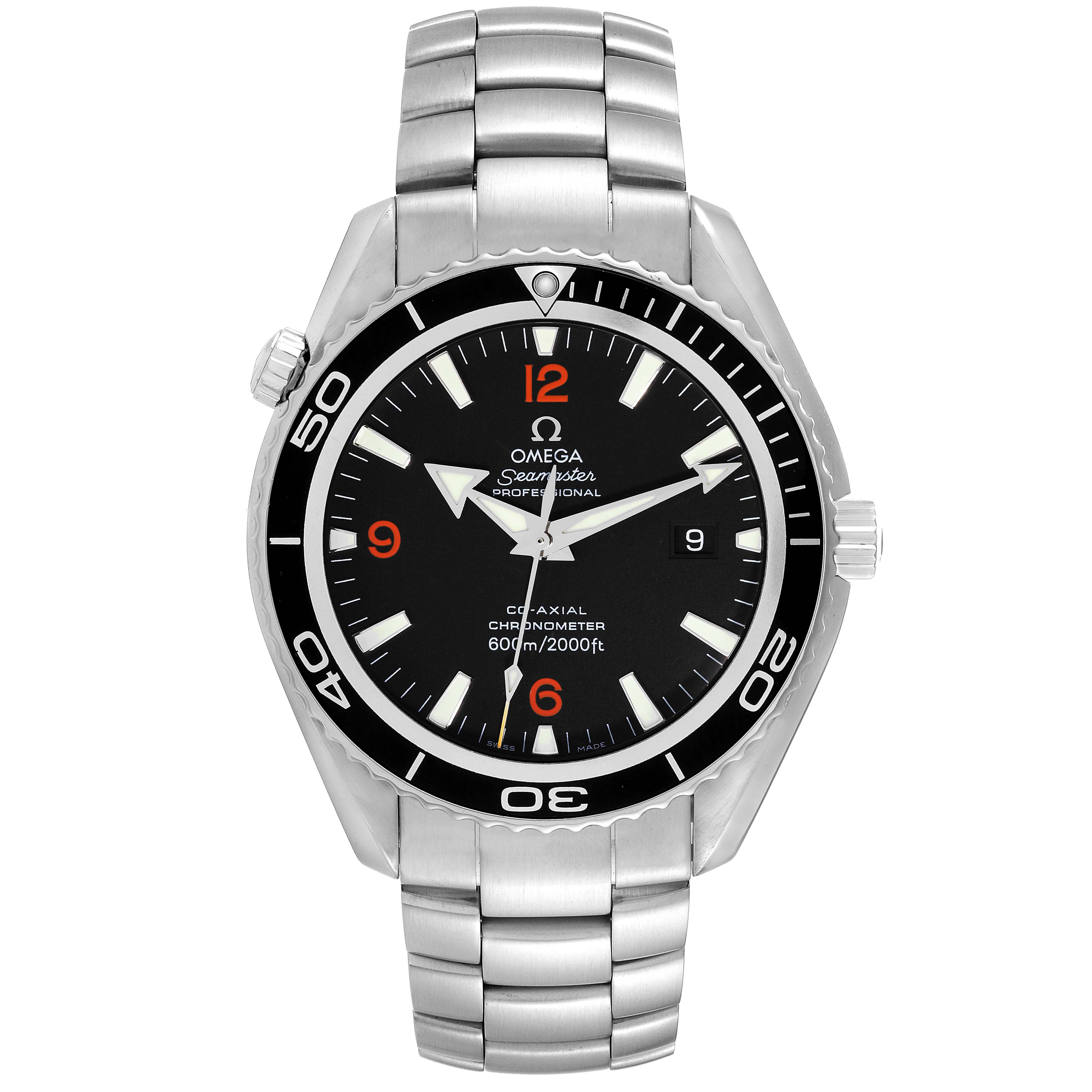 This Omega Planet Ocean 2200.51.00 Men
s Stainless Steel Black Dial 2200.51.00 Men
s Stainless Steel Black Dial watch is shown from a front angle, displaying the dial, bezel, crown, and stainless steel bracelet.