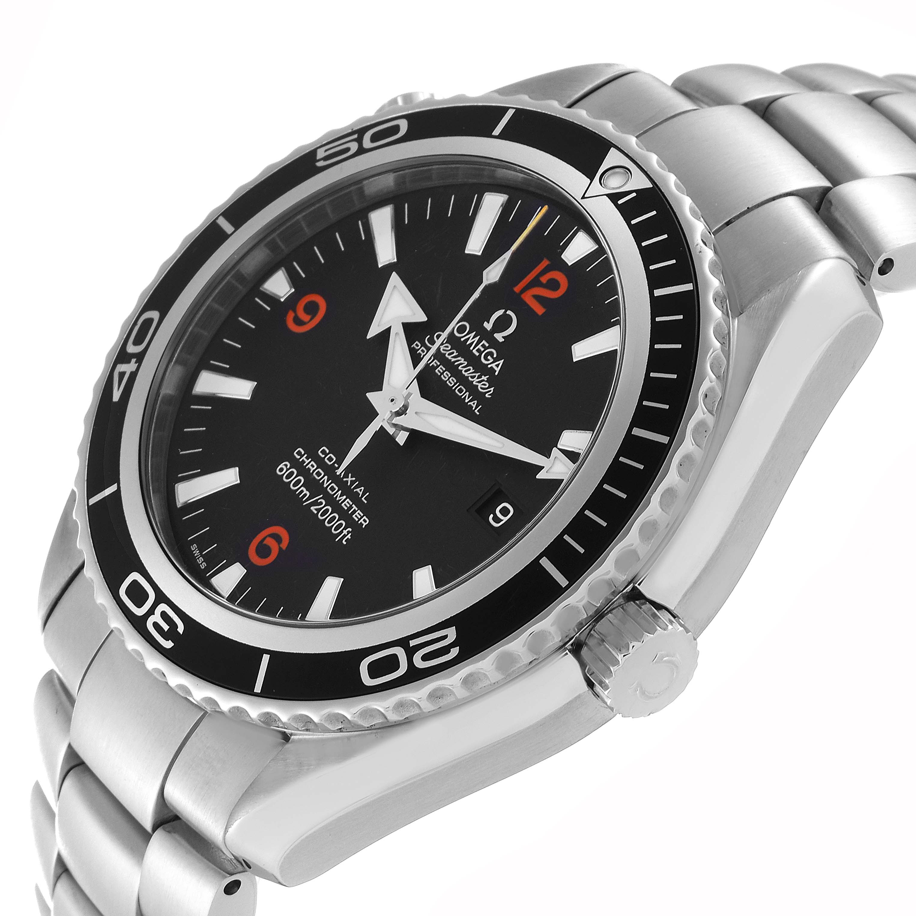 The watch, an Omega Planet Ocean 2200.51.00 Men
s Stainless Steel Black Dial 2200.51.00 Men
s Stainless Steel Black Dial model, is shown at a slight angle highlighting its bezel, dial, crown, and stainless steel bracelet.