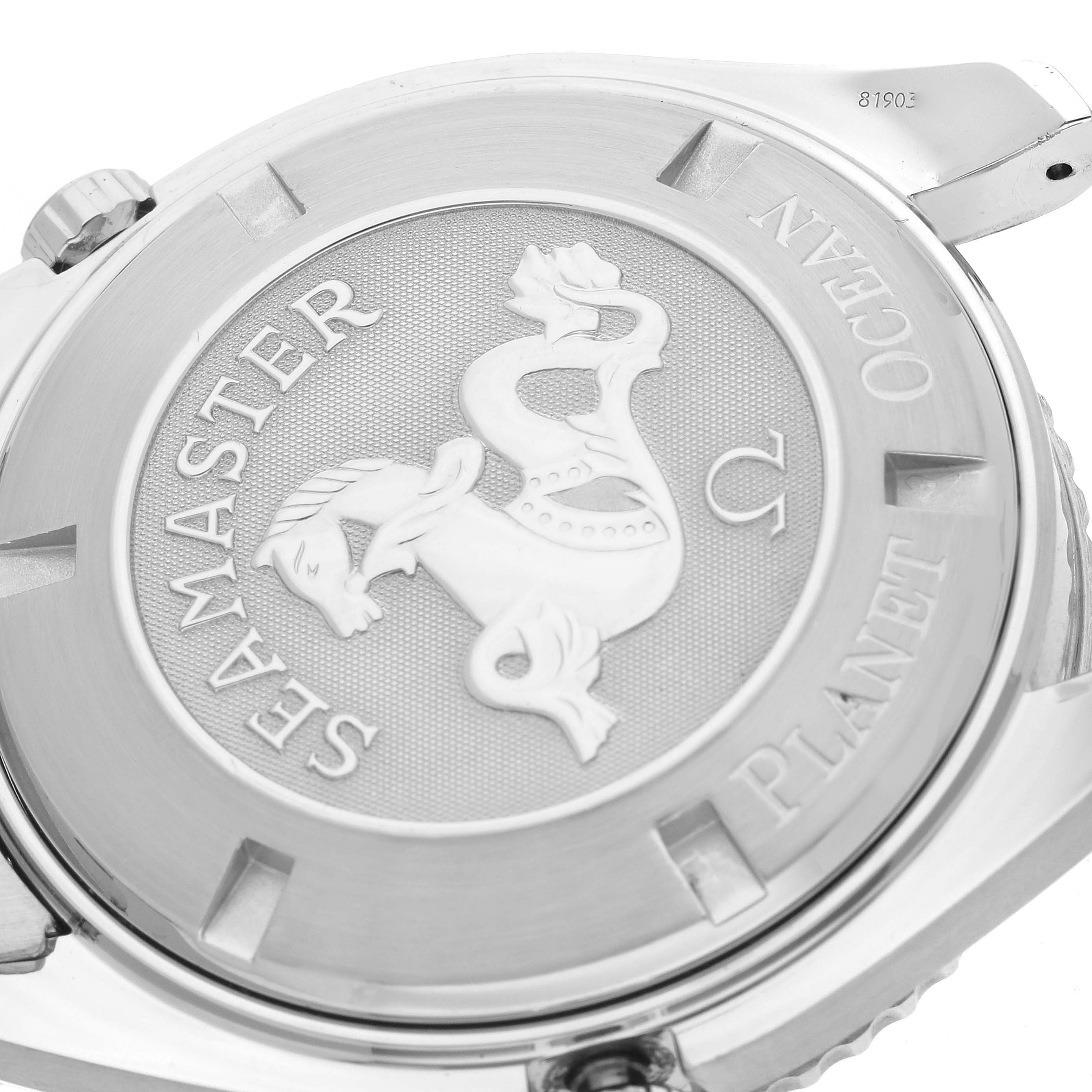 This image shows the back side of the Omega Planet Ocean 2200.51.00 Men
s Stainless Steel Black Dial 2200.51.00 Men
s Stainless Steel Black Dial Seamaster watch, displaying the logo and model details.