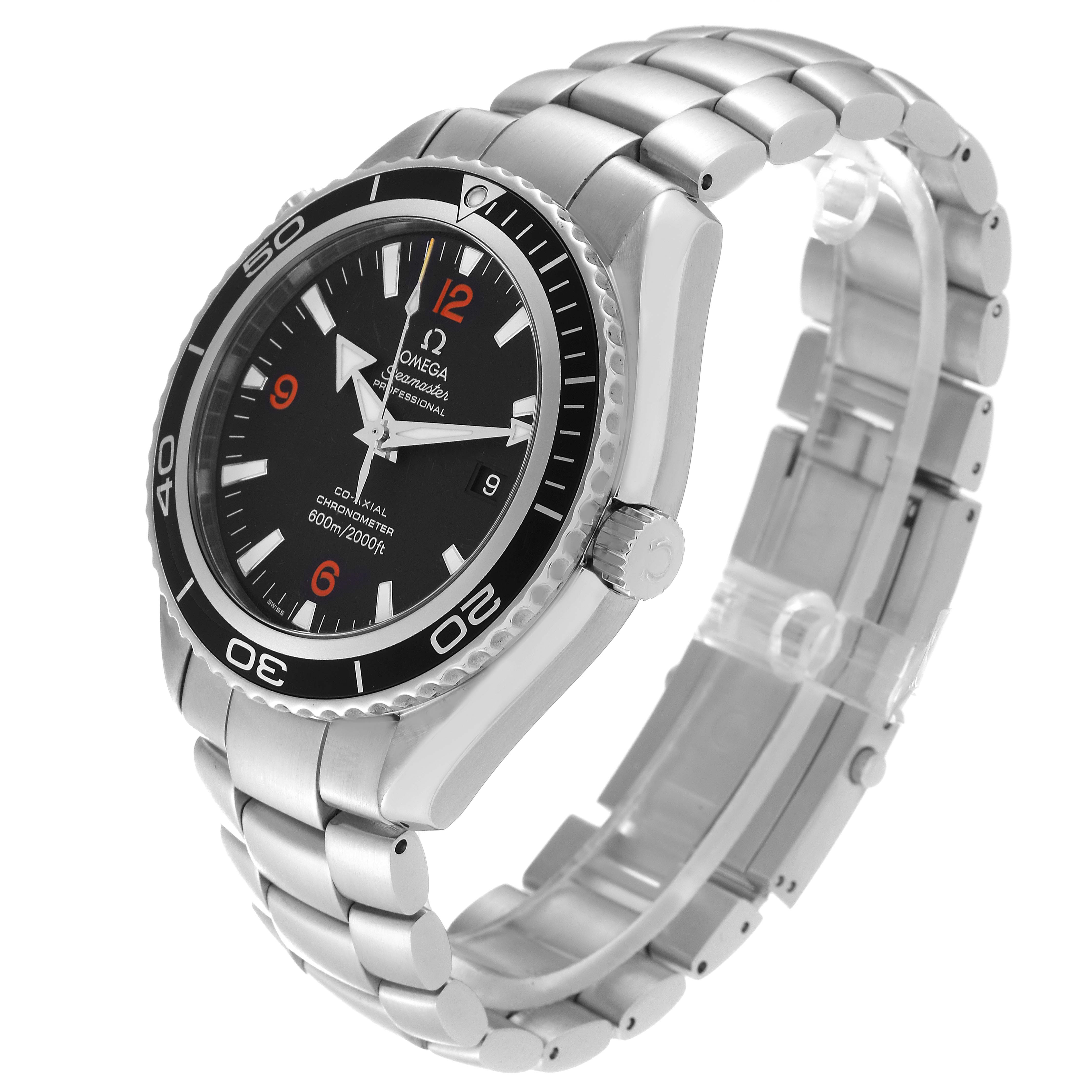 The image shows an angled view of the Omega Planet Ocean 2200.51.00 Men
s Stainless Steel Black Dial 2200.51.00 Men
s Stainless Steel Black Dial watch, displaying the dial, bezel, crown, and bracelet.