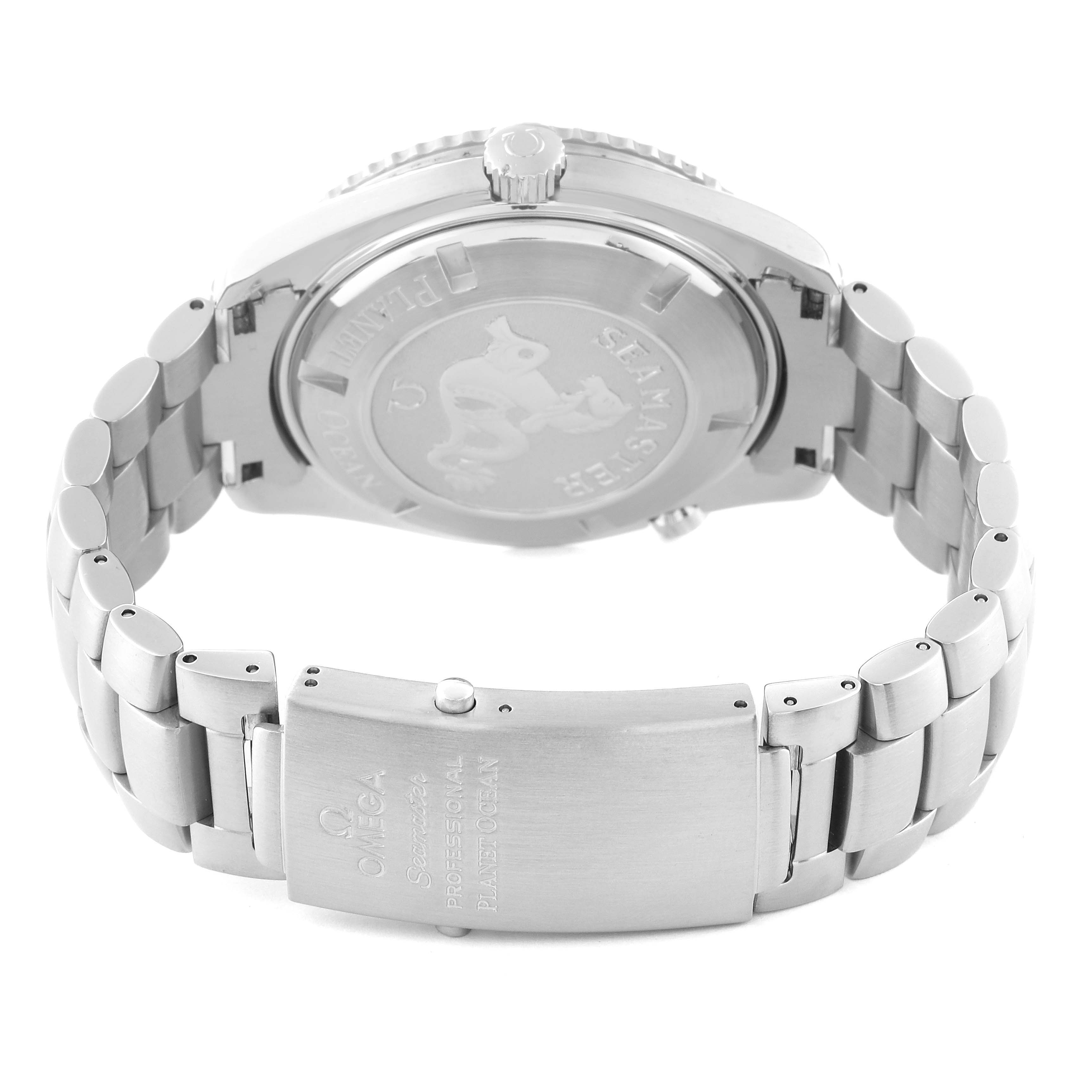 The image shows the back casing, bracelet, and clasp of the Omega Planet Ocean 2200.51.00 Men
s Stainless Steel Black Dial 2200.51.00 Men
s Stainless Steel Black Dial watch at a slight angle.