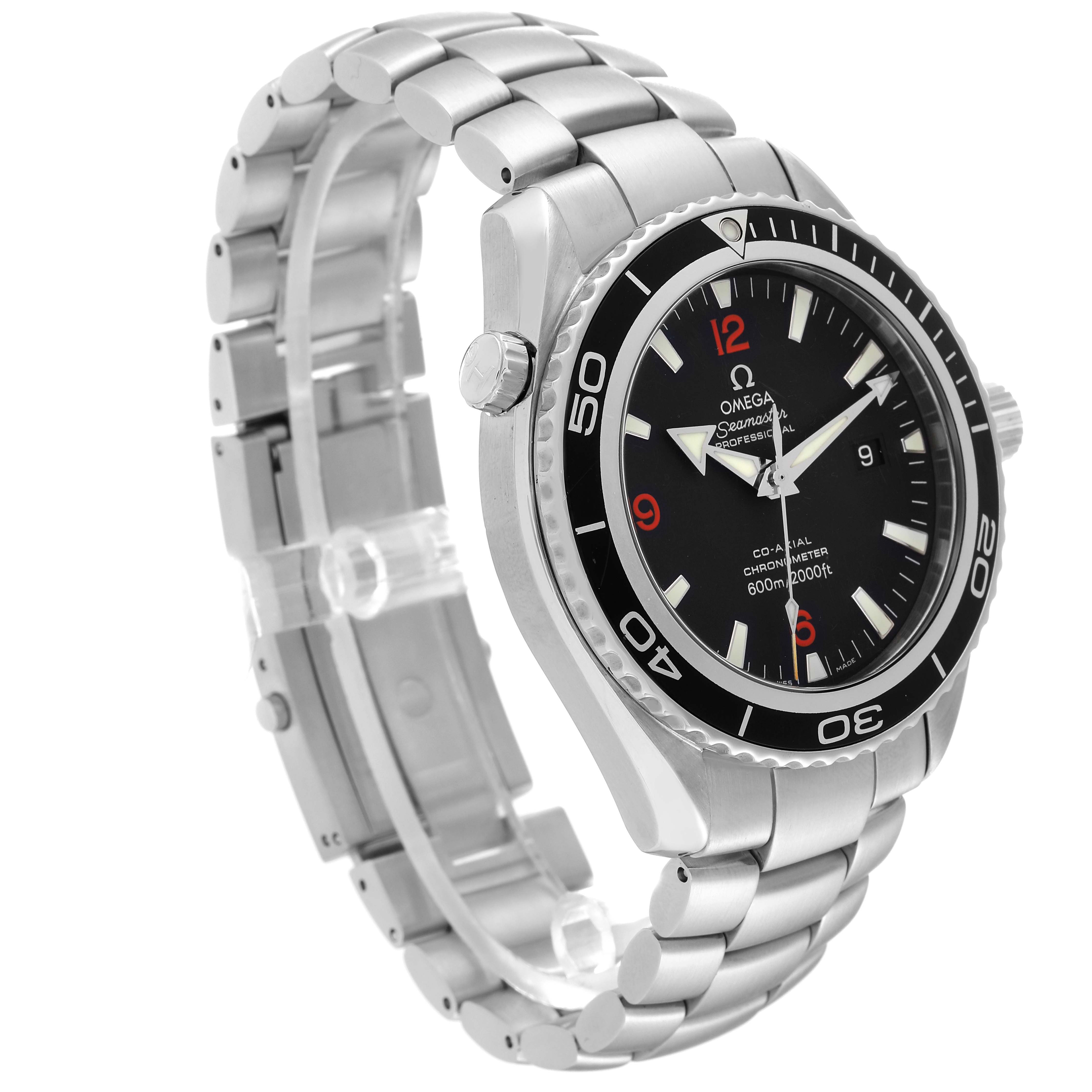 The image shows a side and front view of the Omega Planet Ocean 2200.51.00 Men
s Stainless Steel Black Dial 2200.51.00 Men
s Stainless Steel Black Dial watch, highlighting its bezel, dial, crown, and stainless steel bracelet.