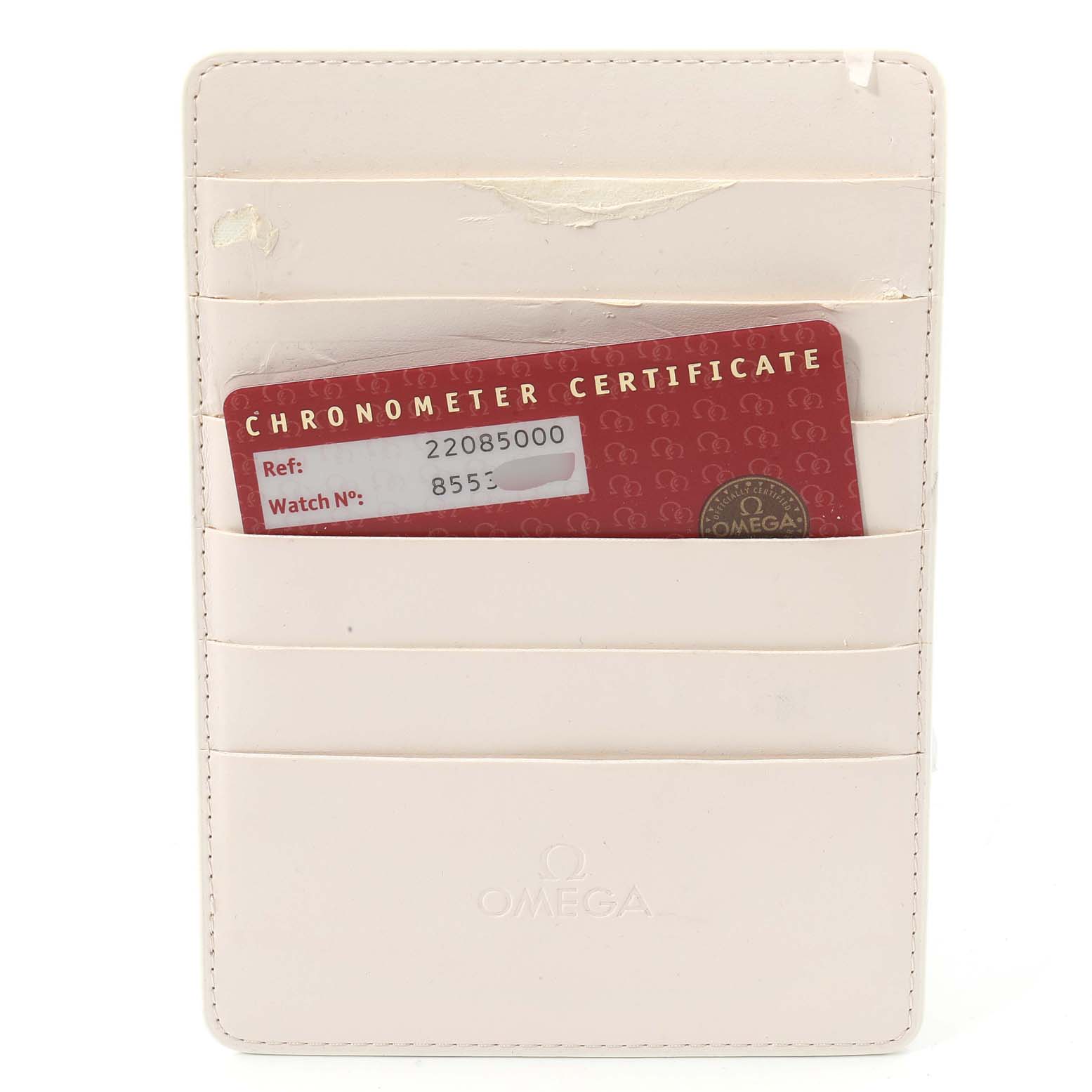 The image shows the Chronometer Certificate card for the Omega Planet Ocean 2208.50.00 Men's Stainless Steel Black Dial 2208.50.00 Men's Stainless Steel Black Dial model in a white cardholder.