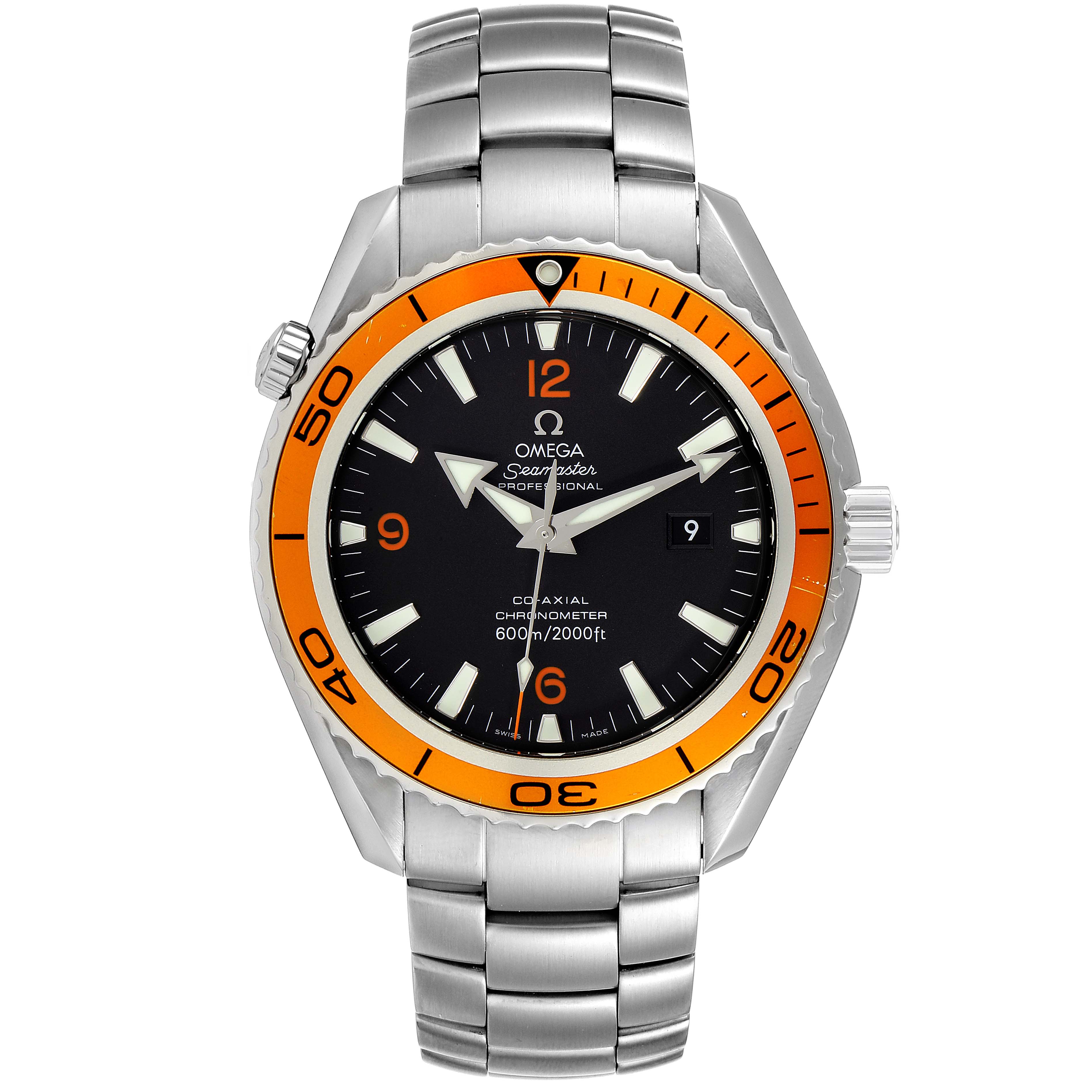 The image shows a front view of the Omega Planet Ocean 2208.50.00 Men's Stainless Steel Black Dial 2208.50.00 Men's Stainless Steel Black Dial watch, focusing on the face, bezel, and metal bracelet.