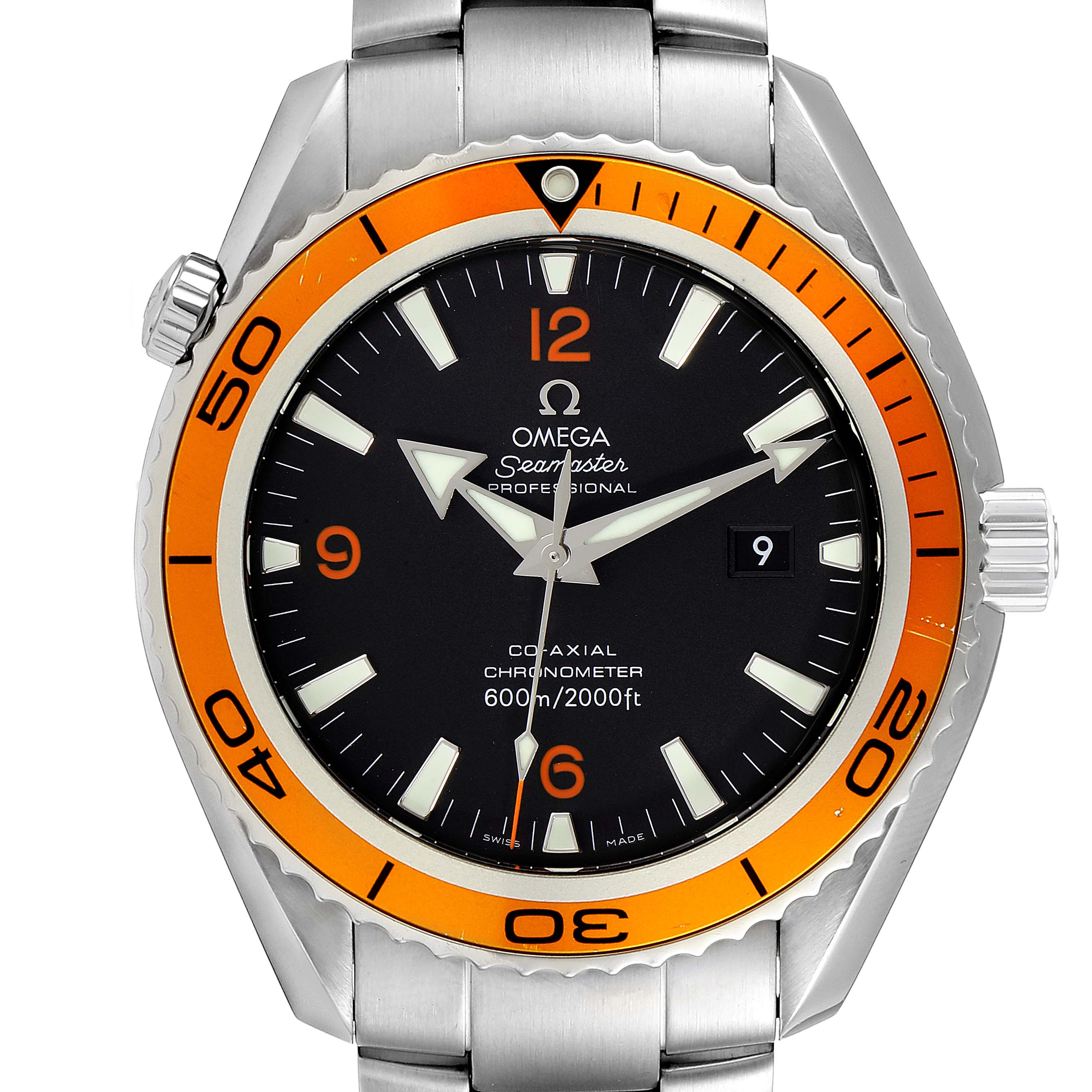 This Omega Planet Ocean 2208.50.00 Men's Stainless Steel Black Dial 2208.50.00 Men's Stainless Steel Black Dial watch is shown from a frontal angle, displaying the face, bezel, and part of the bracelet.