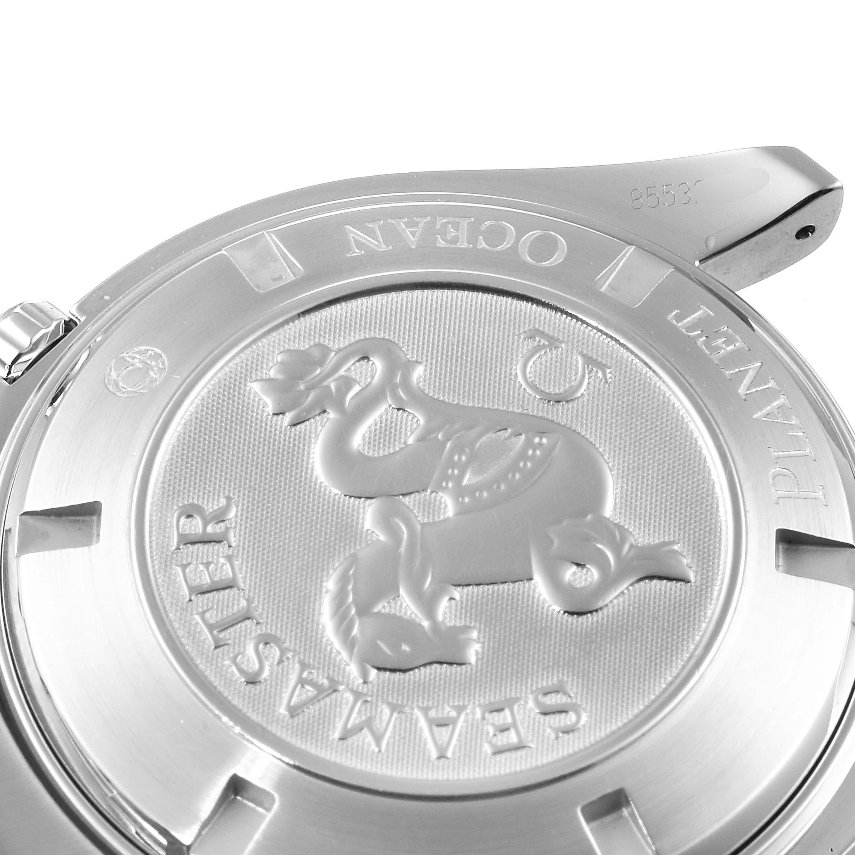 This is a close-up of the back casing of the Omega Planet Ocean 2208.50.00 Men's Stainless Steel Black Dial 2208.50.00 Men's Stainless Steel Black Dial watch, displaying the Seamaster engraving and decorative seahorse design.