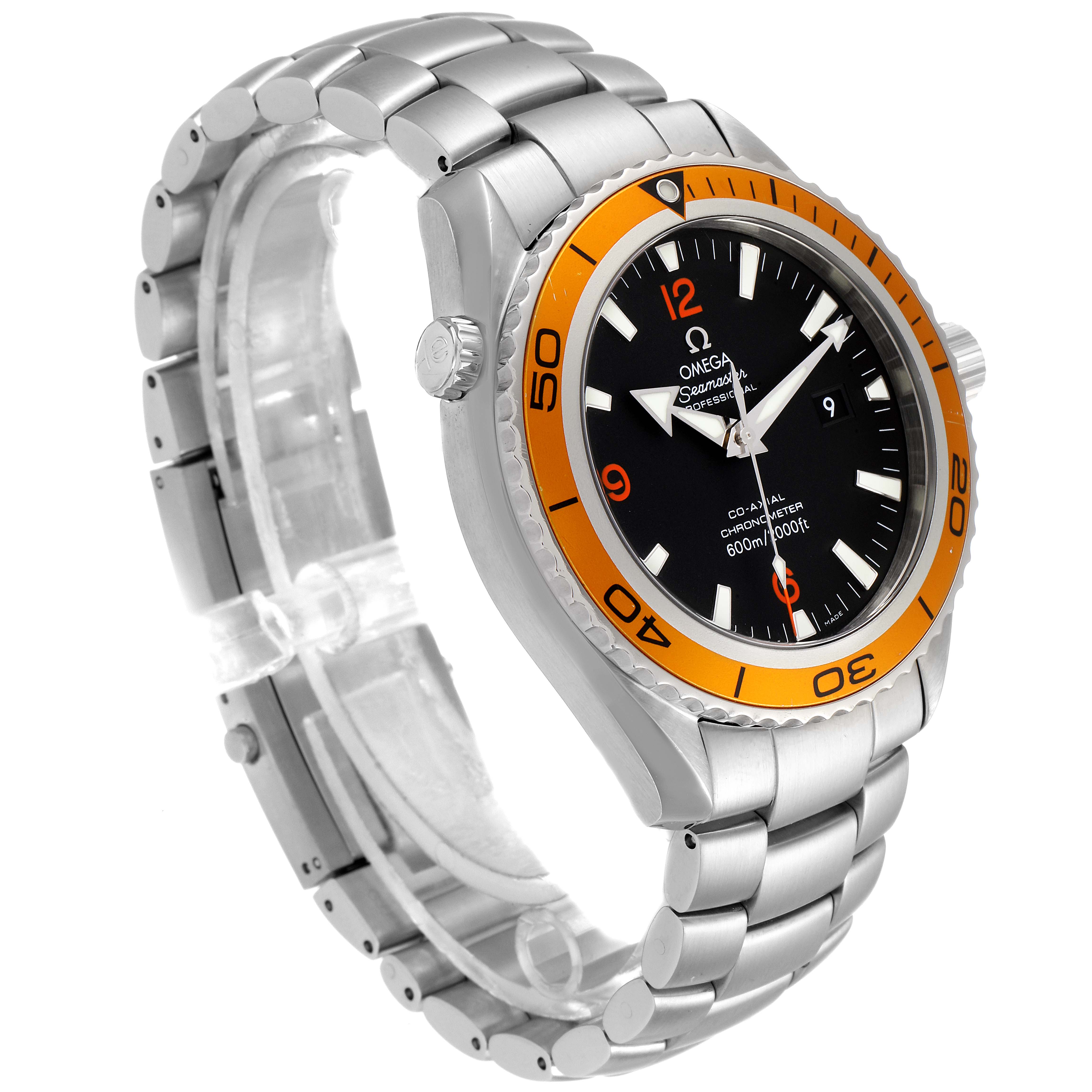 This image shows an Omega Planet Ocean 2208.50.00 Men's Stainless Steel Black Dial 2208.50.00 Men's Stainless Steel Black Dial watch at an angle displaying its stainless steel band, orange bezel, and black dial.