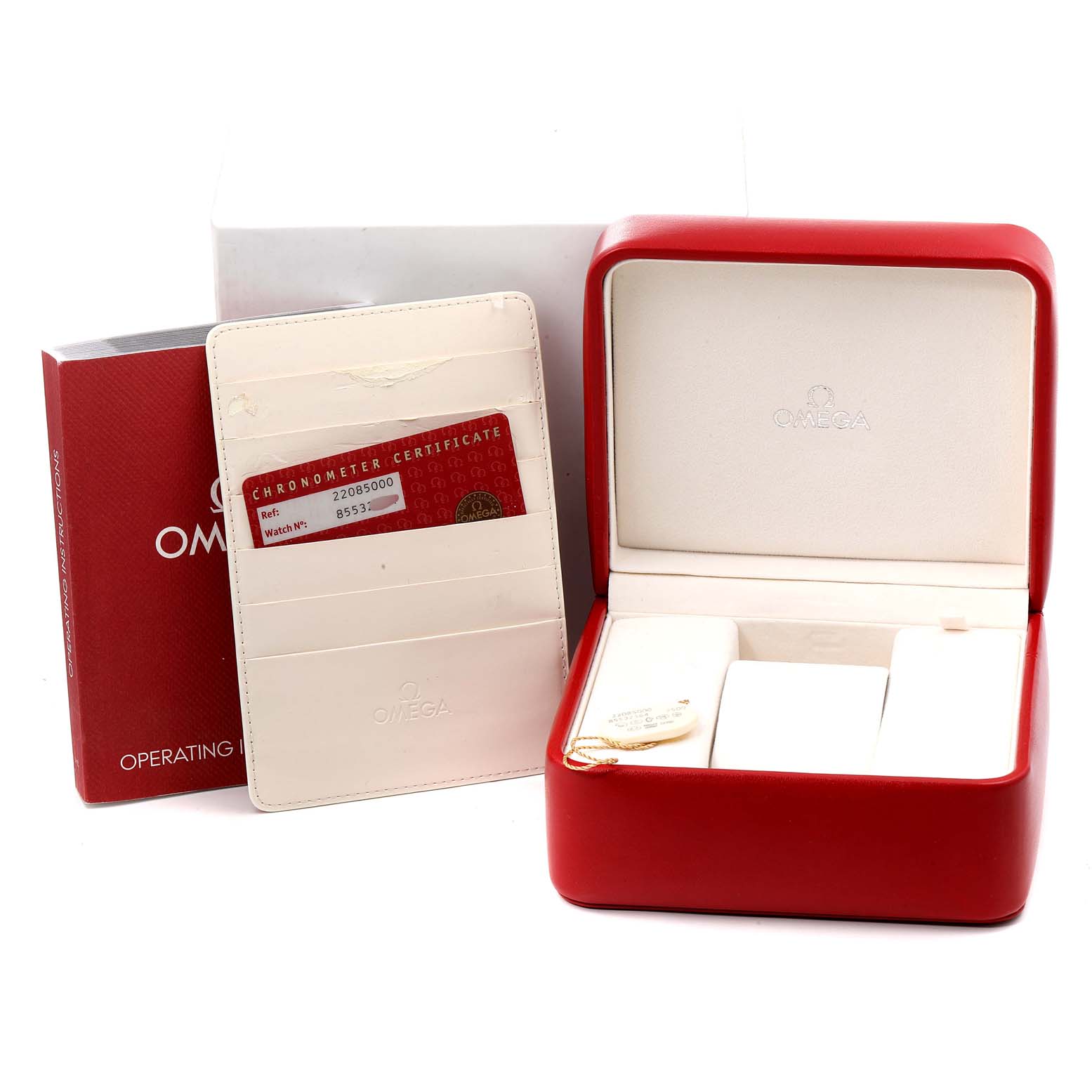 The image shows the Omega Planet Ocean 2208.50.00 Men's Stainless Steel Black Dial 2208.50.00 Men's Stainless Steel Black Dial watch's box, warranty card, and operating instructions with a white background.