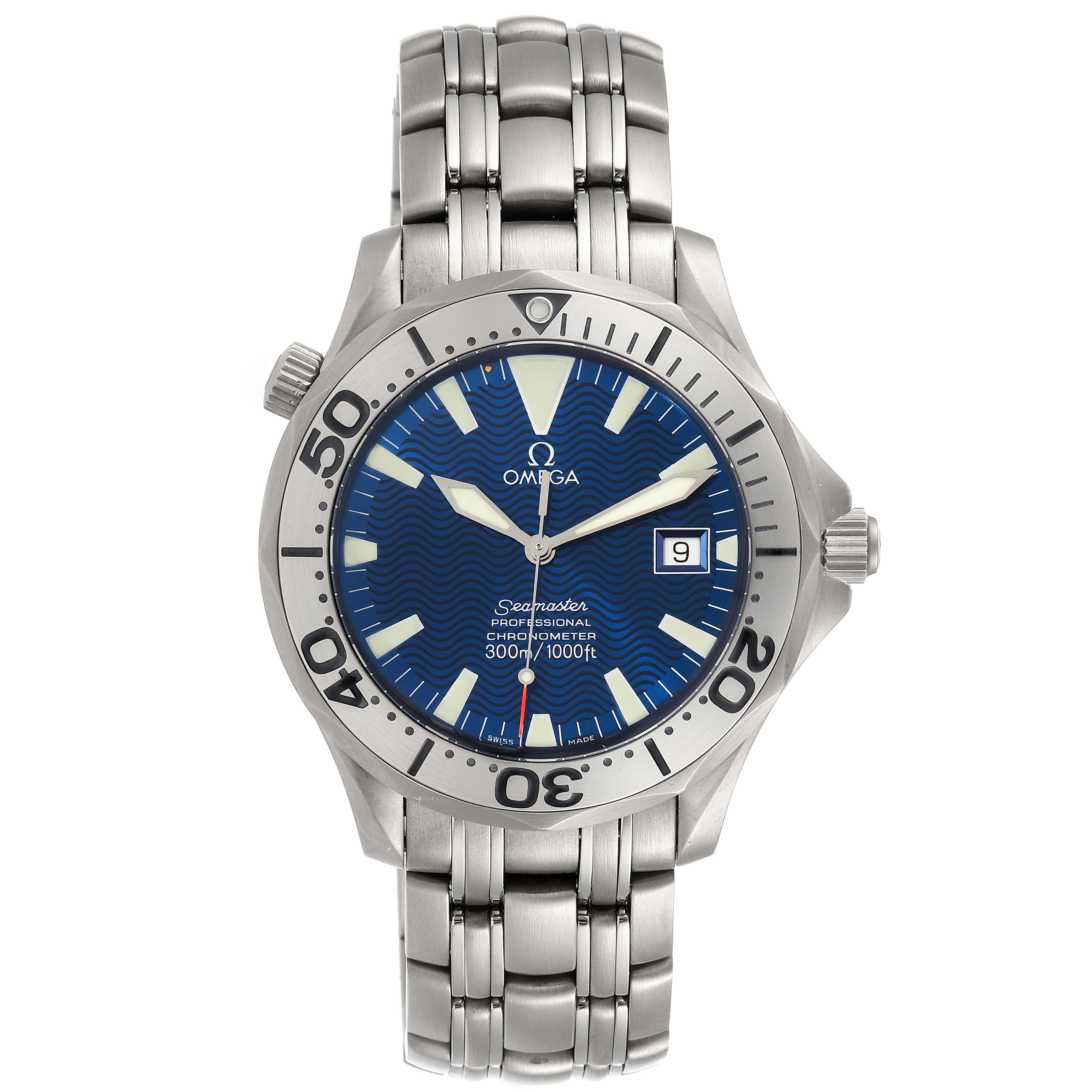 The image shows a front view of the Omega Seamaster 2231.80.00 Men's Titanium Blue Dial 2231.80.00 Men's Titanium Blue Dial watch, displaying its face, bezel, crown, and bracelet.