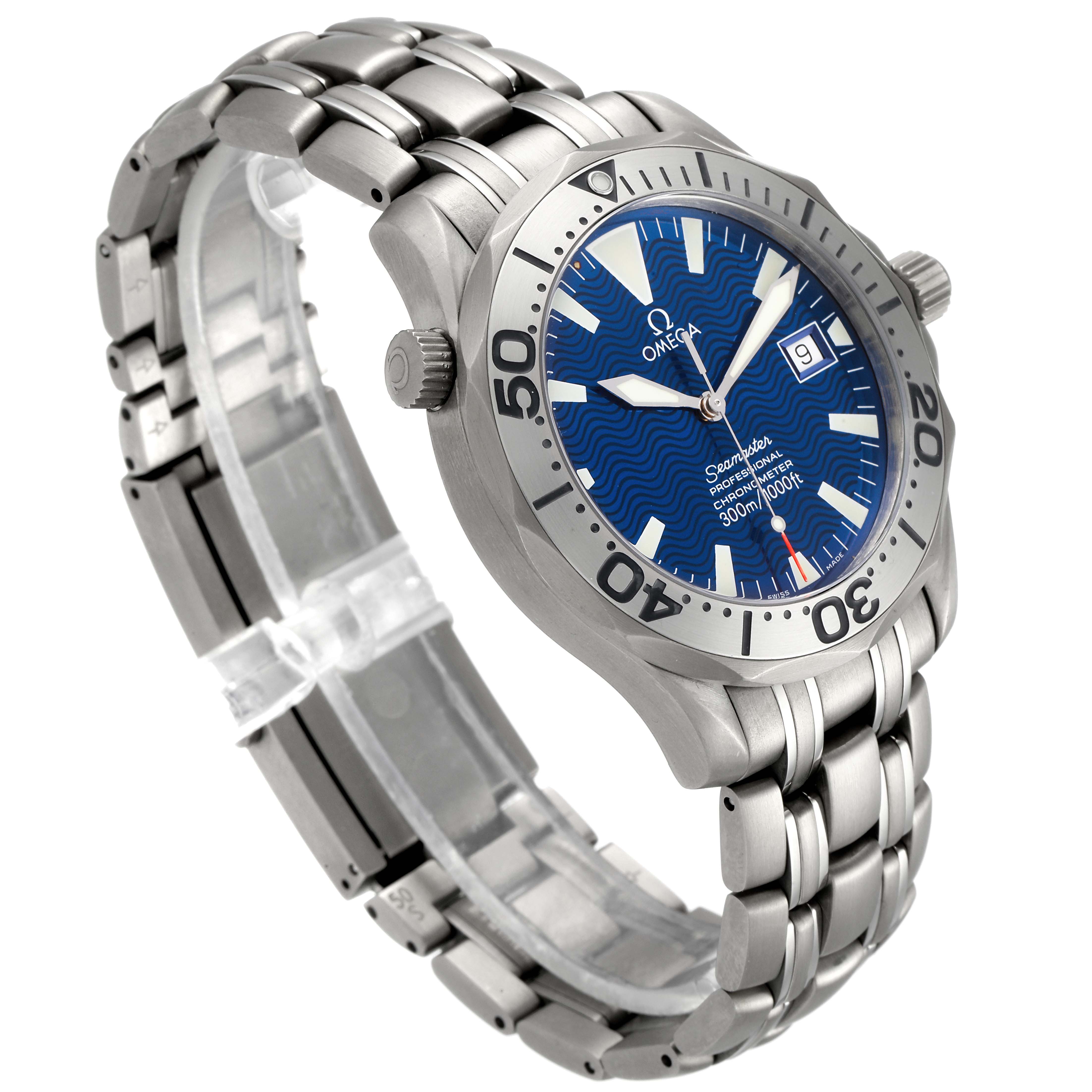 This image shows an Omega Seamaster 2231.80.00 Men's Titanium Blue Dial 2231.80.00 Men's Titanium Blue Dial watch at a slight angled front view, displaying the face, bezel, crown, and bracelet.