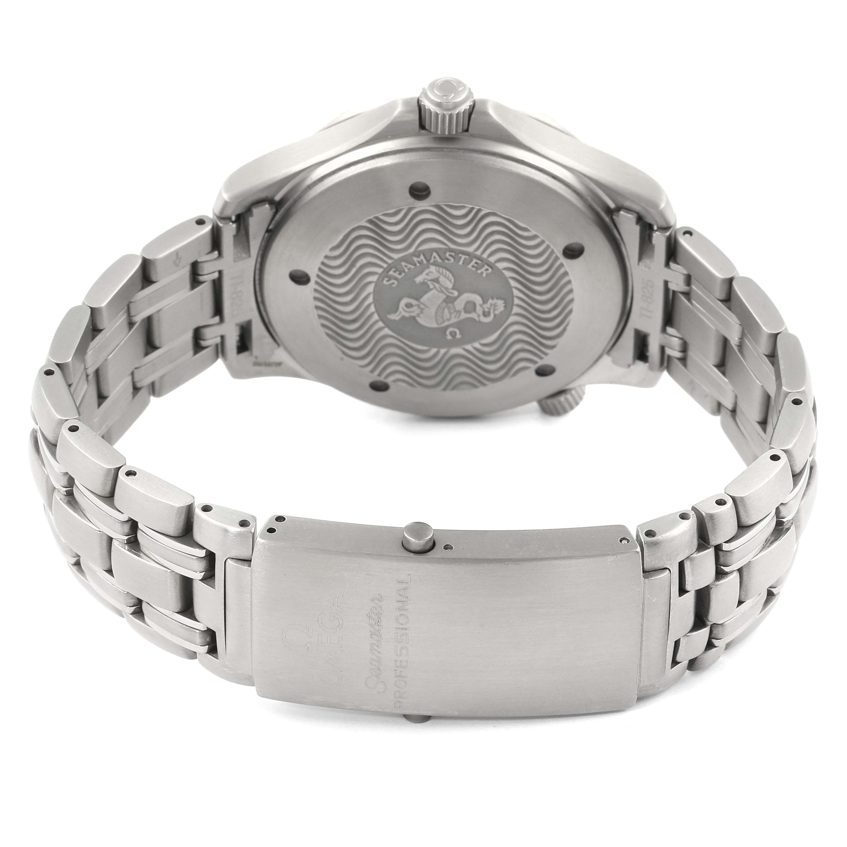 The image shows the back and clasp of the Omega Seamaster 2231.80.00 Men's Titanium Blue Dial 2231.80.00 Men's Titanium Blue Dial watch, highlighting its case back design and bracelet.