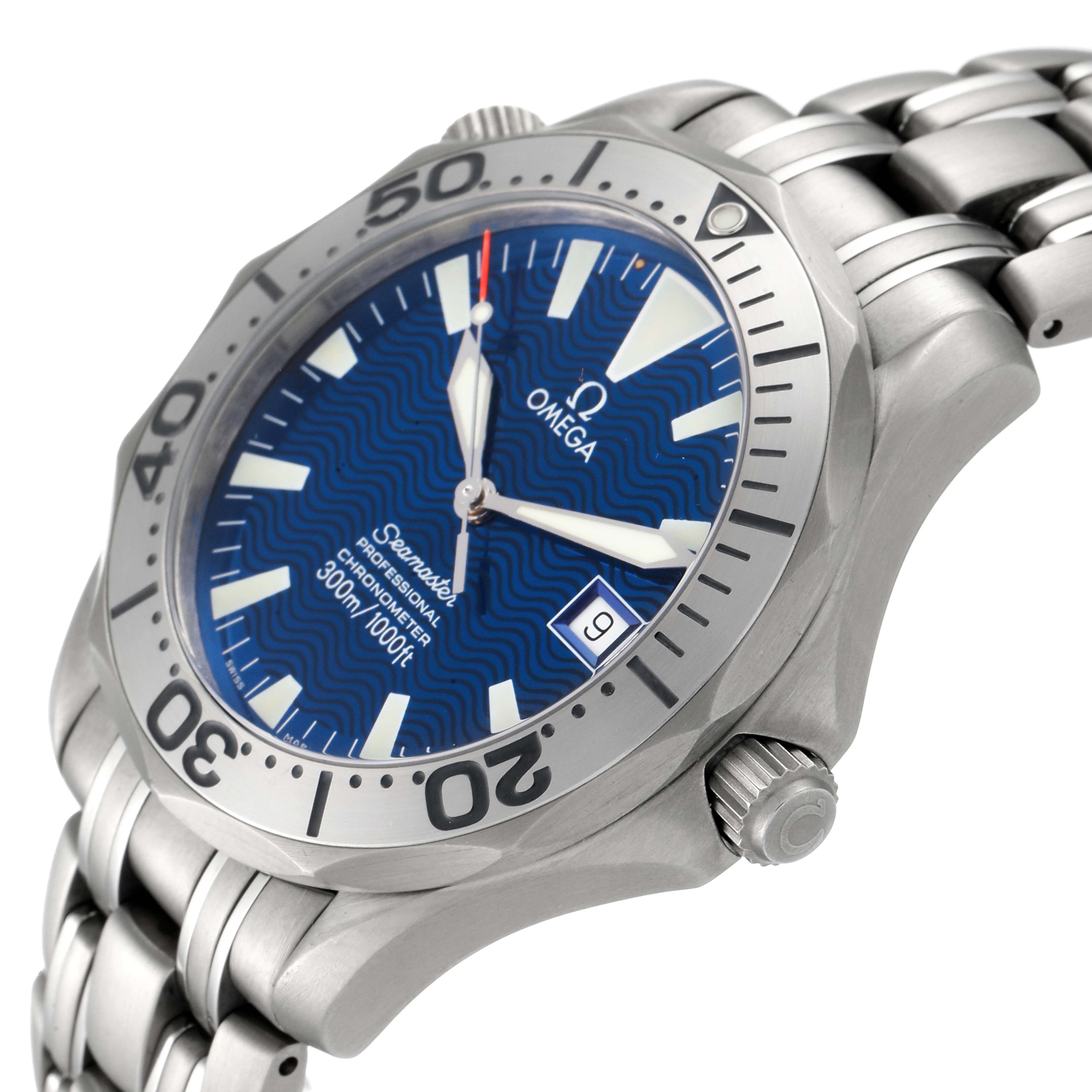 The image shows a close-up angle of the Omega Seamaster 2231.80.00 Men's Titanium Blue Dial 2231.80.00 Men's Titanium Blue Dial watch, highlighting the face, bezel, crown, and part of the bracelet.