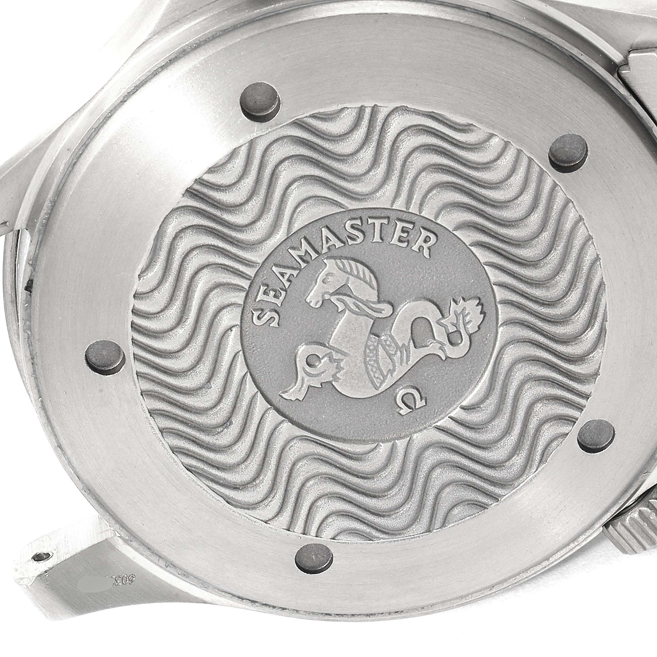 This image shows the engraved case back of the Omega Seamaster 2231.80.00 Men's Titanium Blue Dial 2231.80.00 Men's Titanium Blue Dial watch at an angle, featuring the iconic Seamaster logo.