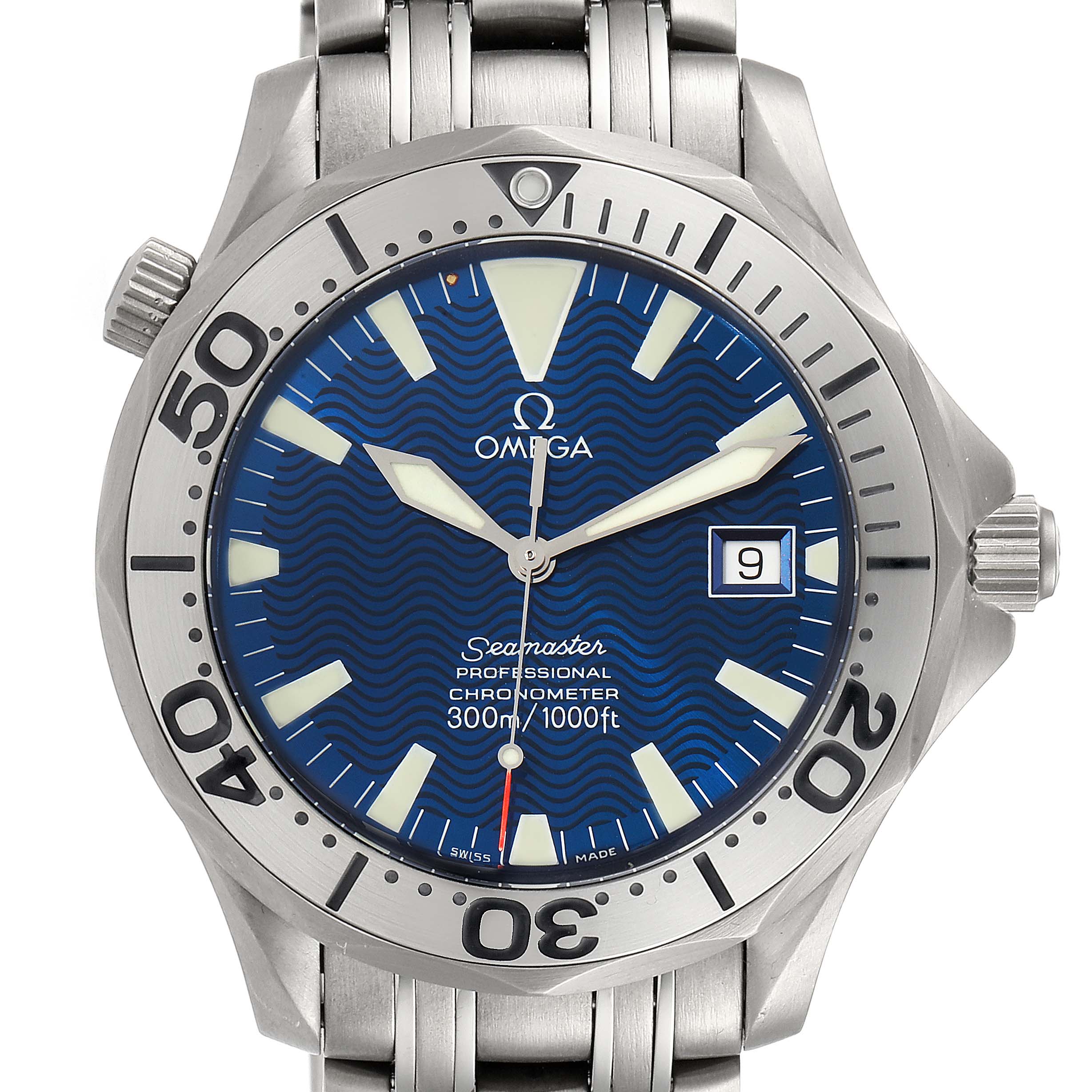 The Omega Seamaster 2231.80.00 Men's Titanium Blue Dial 2231.80.00 Men's Titanium Blue Dial watch is shown from a frontal angle, highlighting the dial, bezel, crown, and bracelet.