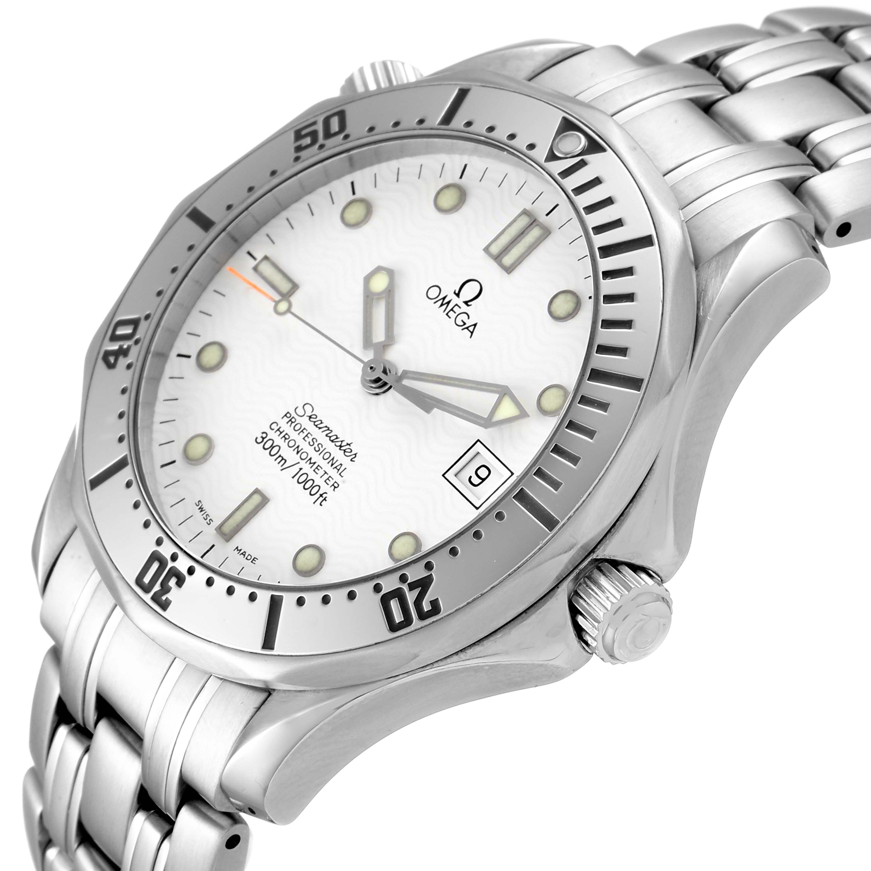 This image shows an angled view of the Omega Seamaster 2532.20.00 Men
s Stainless Steel White Dial 2532.20.00 Men
s Stainless Steel White Dial watch, displaying the dial, bezel, crown, and part of the bracelet.