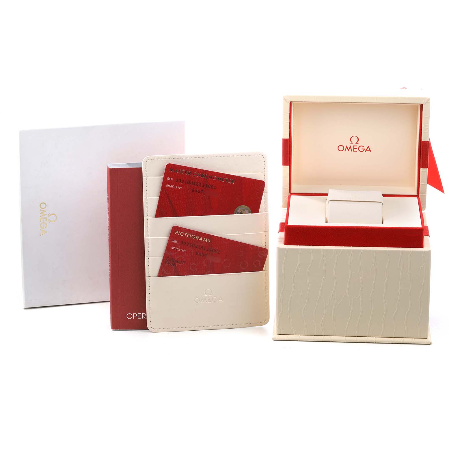 The image shows the Omega Speedmaster 332.10.41.51.11.001 Men's Stainless Steel Red Dial's packaging, including a box, warranty cards, and manuals.