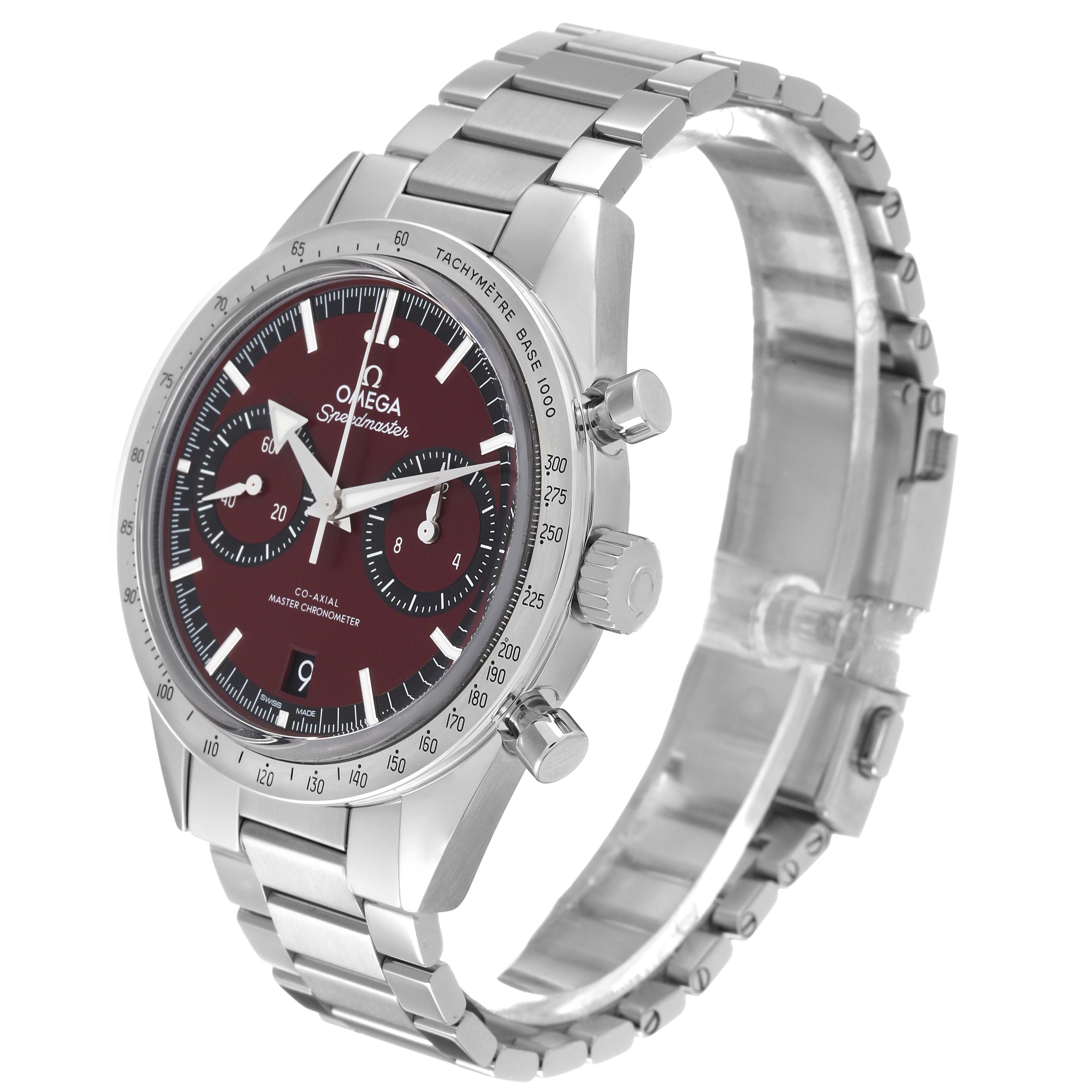The Omega Speedmaster 332.10.41.51.11.001 Men's Stainless Steel Red Dial watch is shown at an angled front view, highlighting the dial, bezel, pushers, crown, and stainless steel bracelet.