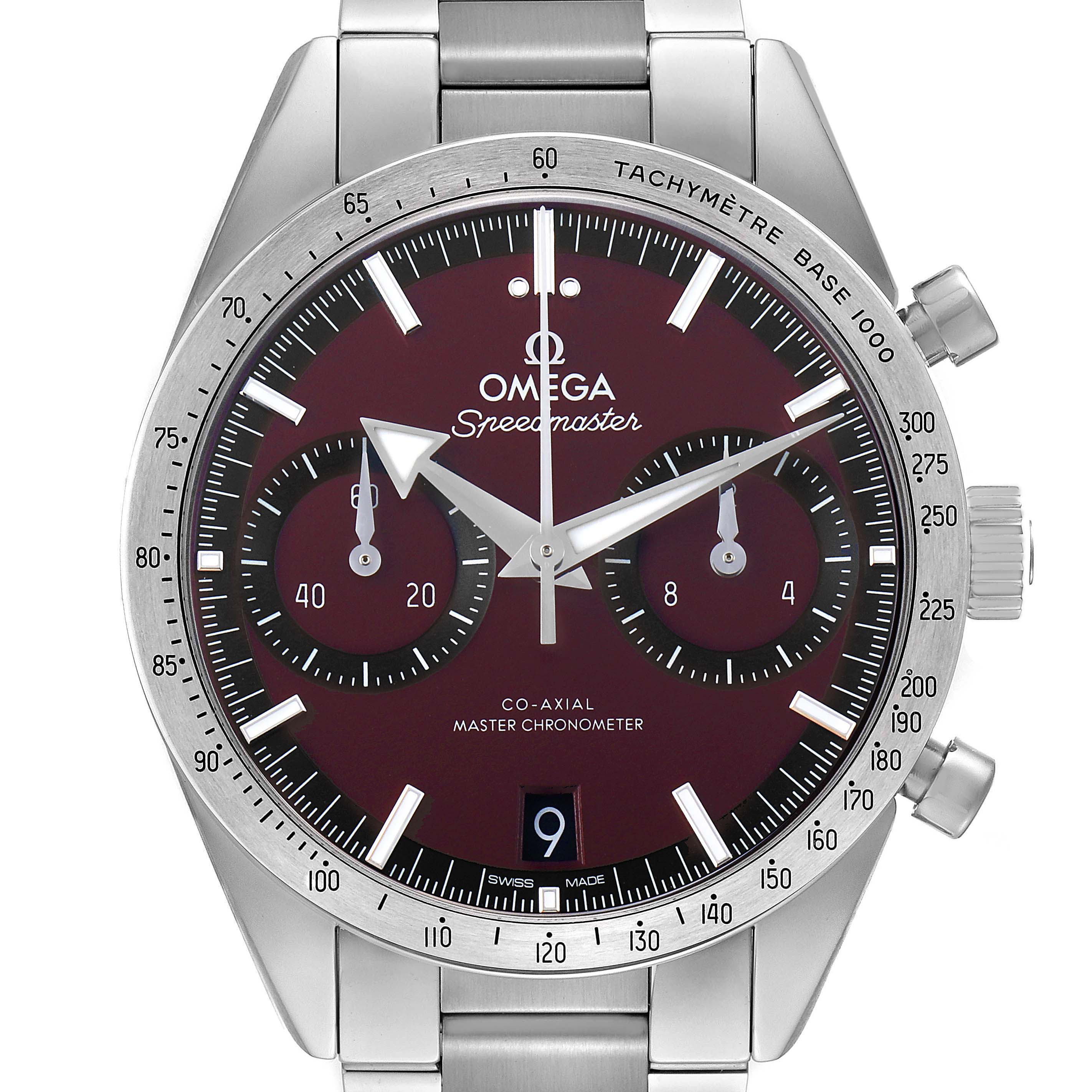 The Omega Speedmaster 332.10.41.51.11.001 Men's Stainless Steel Red Dial watch is shown from the front, highlighting the dial, bezel, and crown.