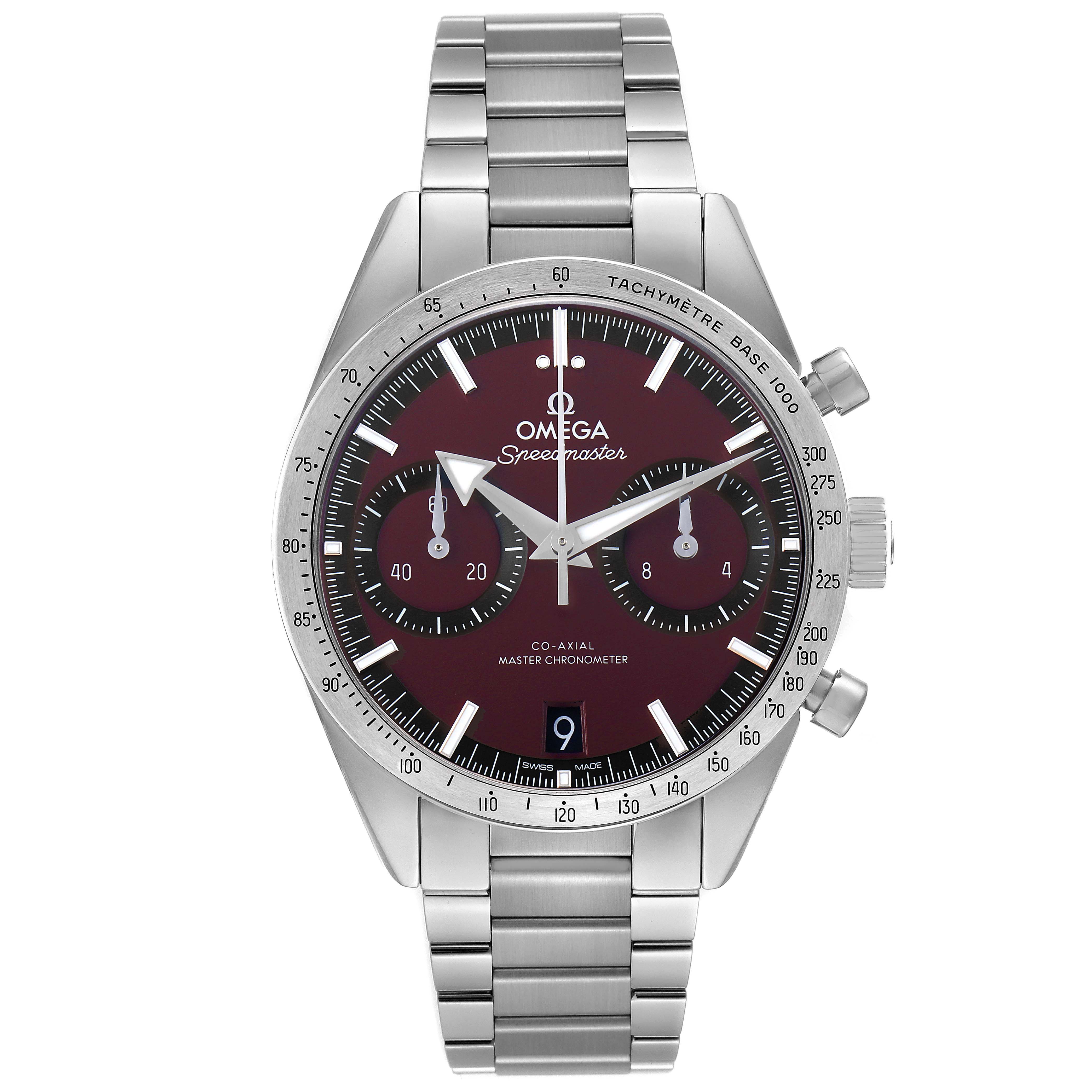 This image shows the Omega Speedmaster 332.10.41.51.11.001 Men's Stainless Steel Red Dial watch face and metal bracelet from a straight-on angle.