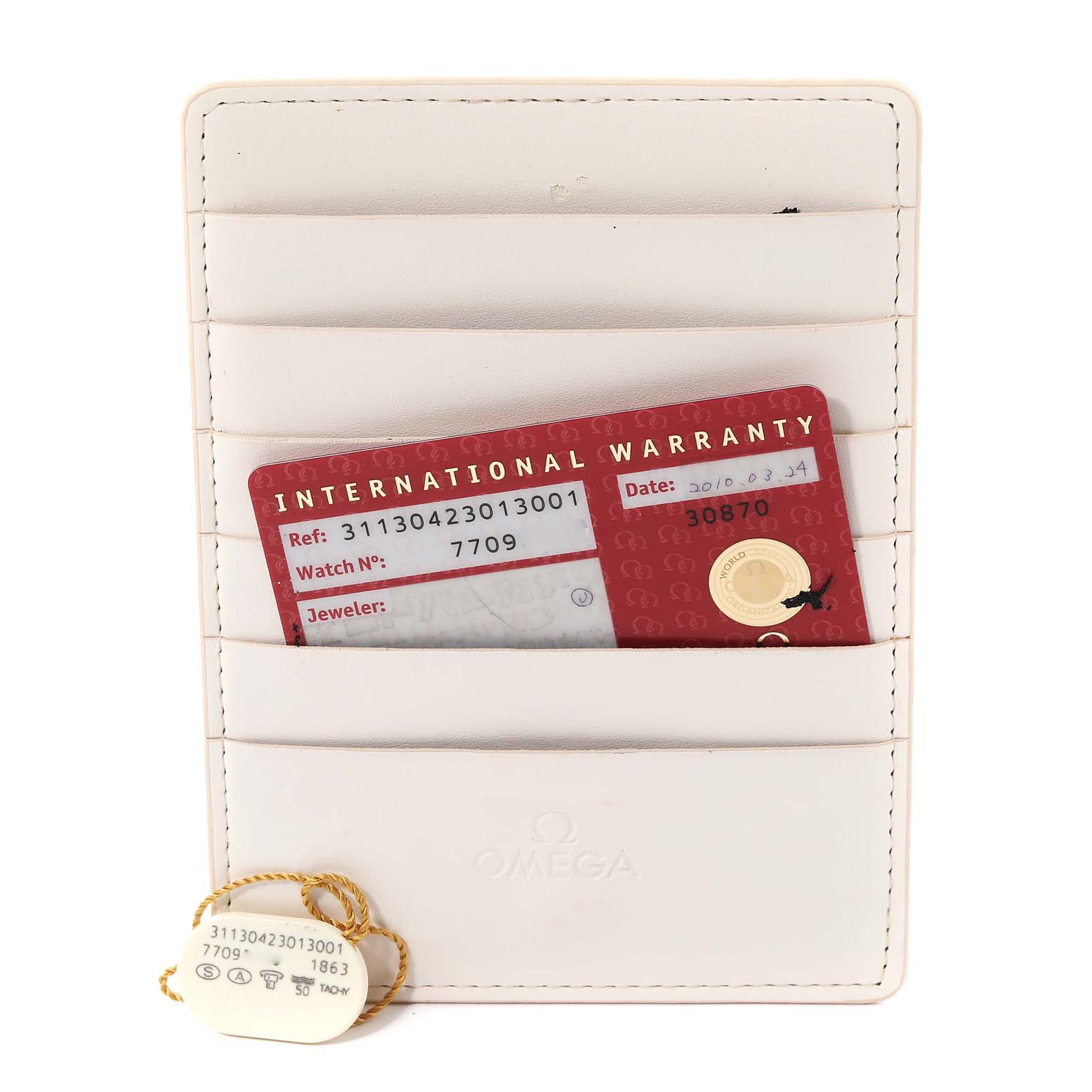 This image shows the warranty card and tag for an Omega Speedmaster 311.30.42.30.13.001 Men's Stainless Steel Brown Dial 311.30.42.30.13.001 Men's Stainless Steel Brown Dial watch, in a white cardholder.