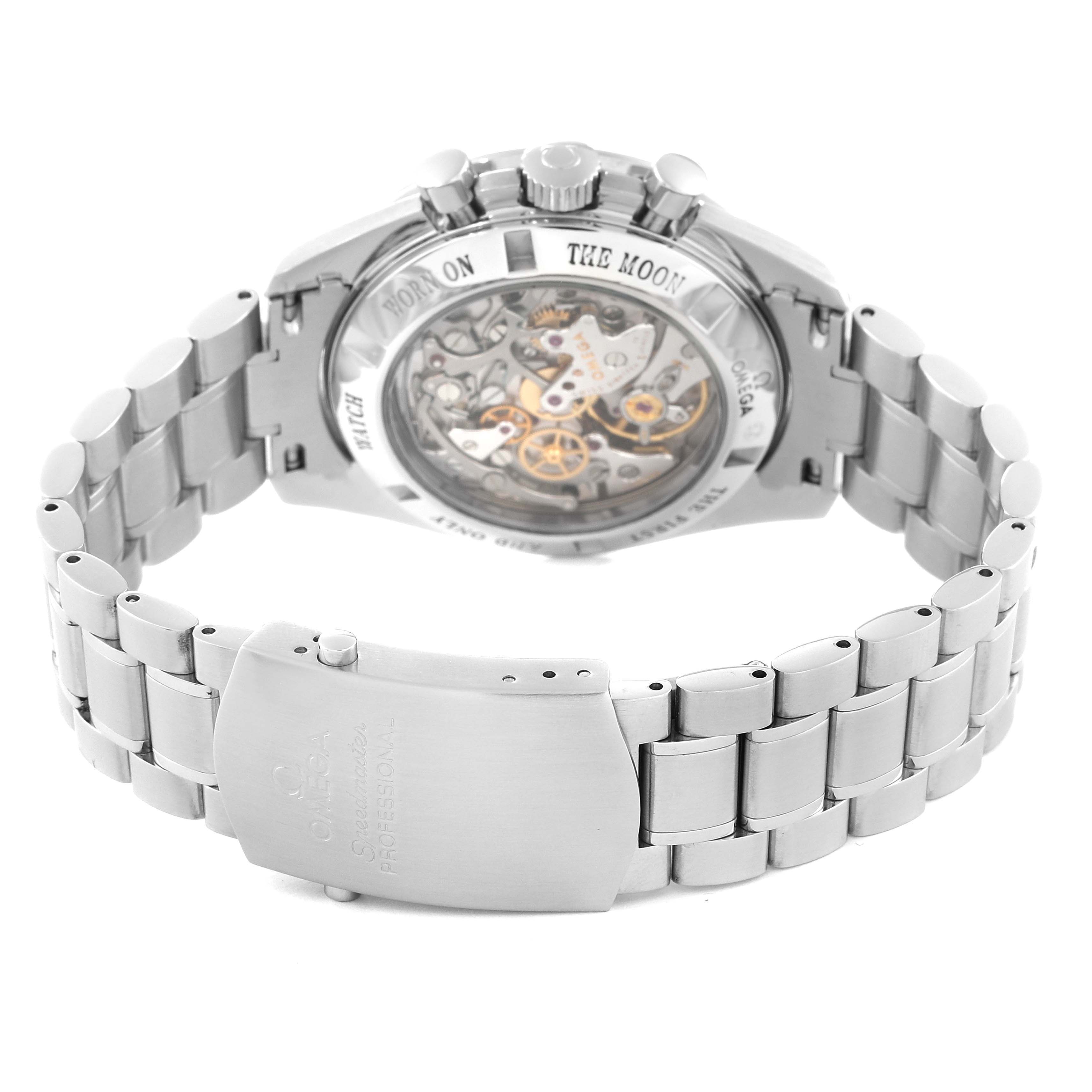 The image displays the back and bracelet of an Omega Speedmaster 311.30.42.30.13.001 Men's Stainless Steel Brown Dial 311.30.42.30.13.001 Men's Stainless Steel Brown Dial, showcasing its open case back and mechanical movement.