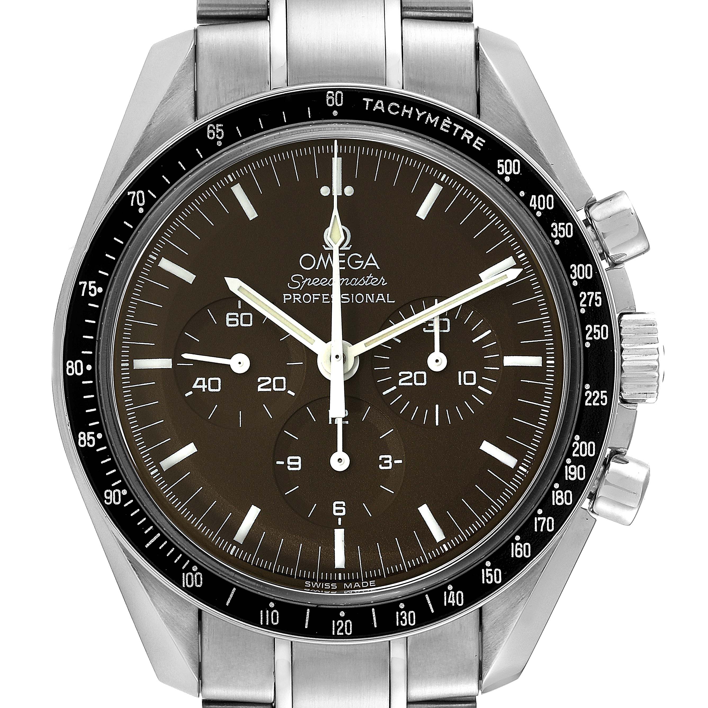 The image shows a front view of an Omega Speedmaster 311.30.42.30.13.001 Men's Stainless Steel Brown Dial 311.30.42.30.13.001 Men's Stainless Steel Brown Dial watch displaying its dial, bezel, and chronograph sub-dials.