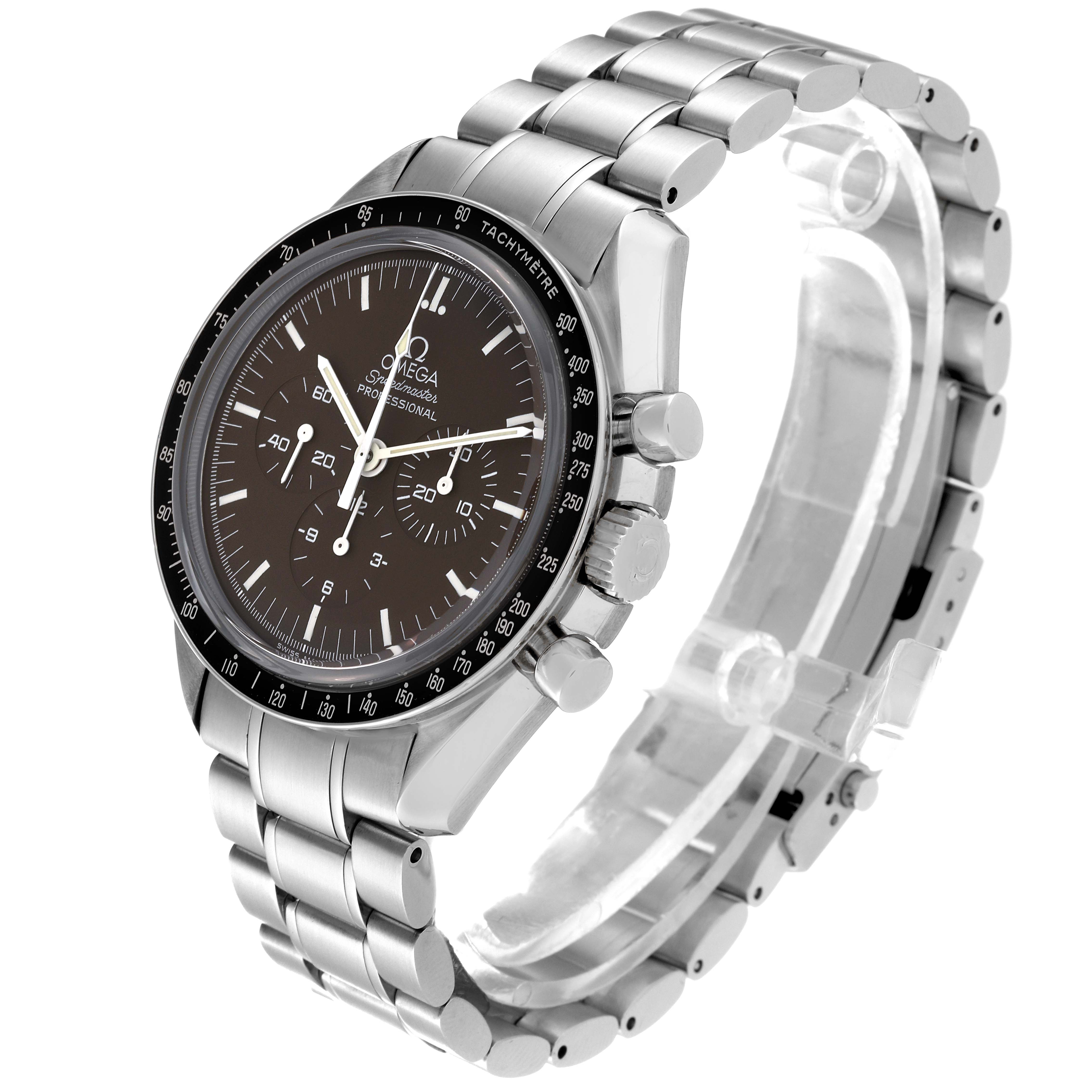 The image shows an Omega Speedmaster 311.30.42.30.13.001 Men's Stainless Steel Brown Dial 311.30.42.30.13.001 Men's Stainless Steel Brown Dial watch at an angled side view, displaying the face, bezel, and metal bracelet.