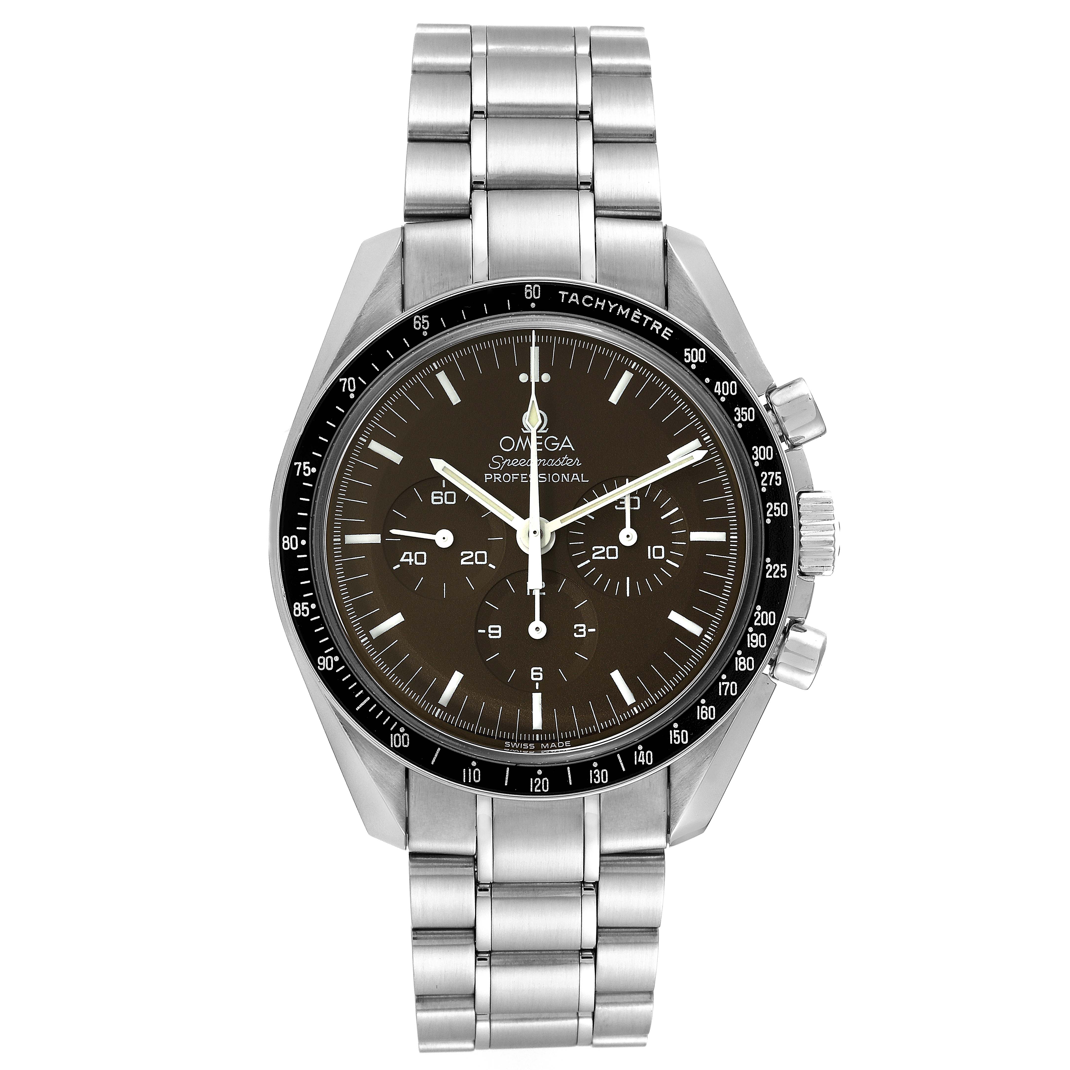 This image shows a front view of an Omega Speedmaster 311.30.42.30.13.001 Men's Stainless Steel Brown Dial 311.30.42.30.13.001 Men's Stainless Steel Brown Dial watch, displaying the dial, bezel, and stainless steel bracelet.