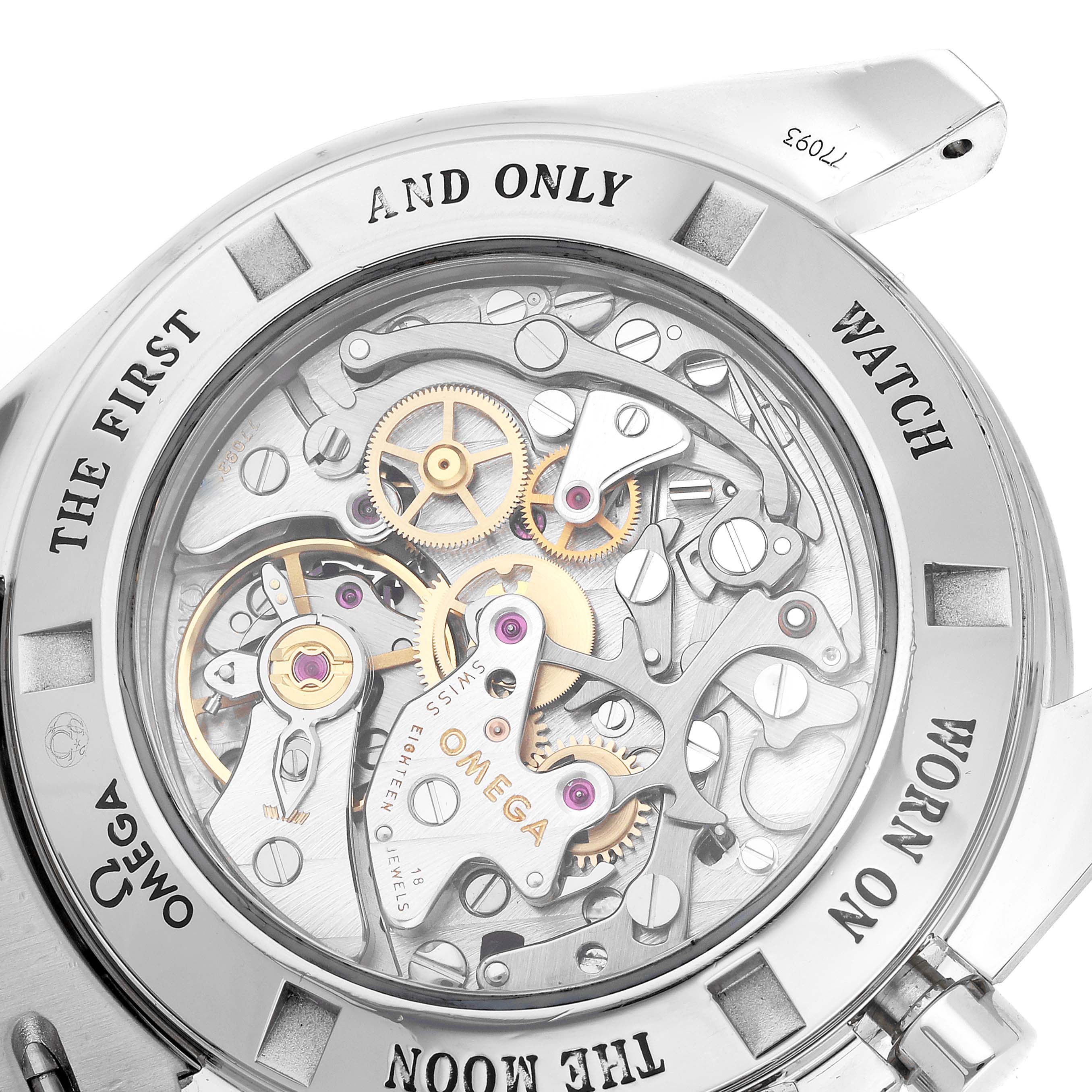 The image shows the back view of an Omega Speedmaster 311.30.42.30.13.001 Men's Stainless Steel Brown Dial 311.30.42.30.13.001 Men's Stainless Steel Brown Dial, highlighting its intricate mechanical movement and inner components.