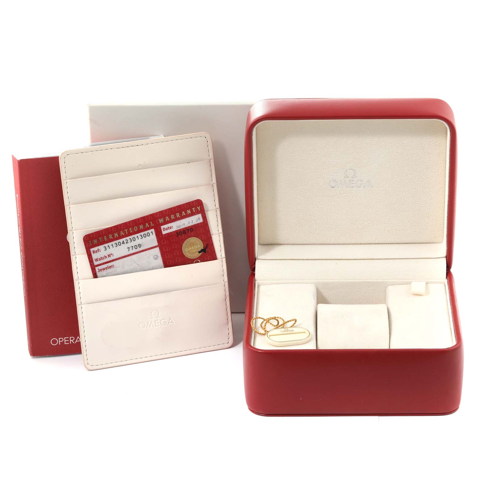 The image shows the packaging, warranty cards, and tags for an Omega Speedmaster 311.30.42.30.13.001 Men's Stainless Steel Brown Dial 311.30.42.30.13.001 Men's Stainless Steel Brown Dial watch, including a red watch box.