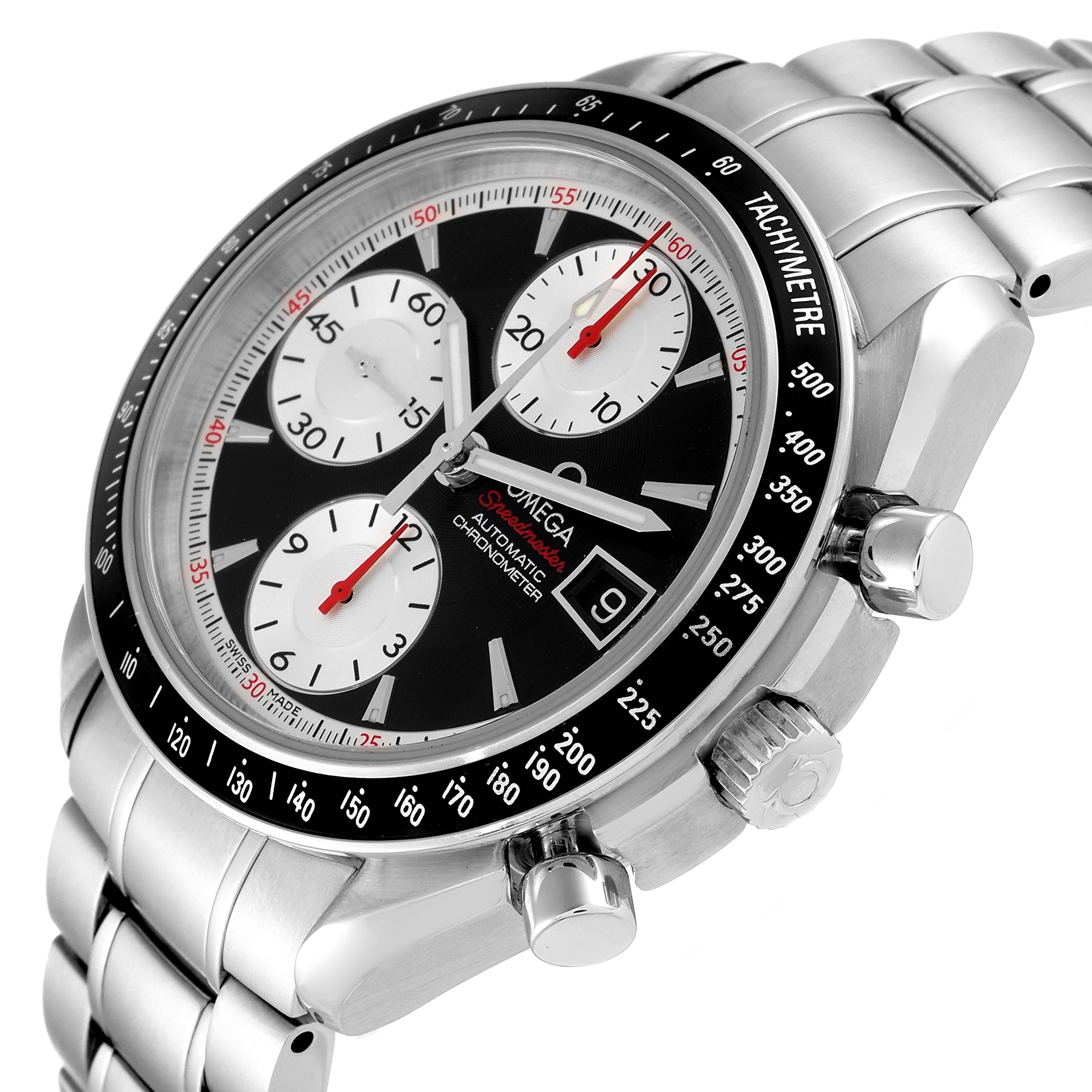 The Omega Speedmaster 3210.51.00 Men's Stainless Steel Black Dial 3210.51.00 Men's Stainless Steel Black Dial watch is shown in a three-quarter view, emphasizing its face, tachymeter bezel, and chronograph pushers.