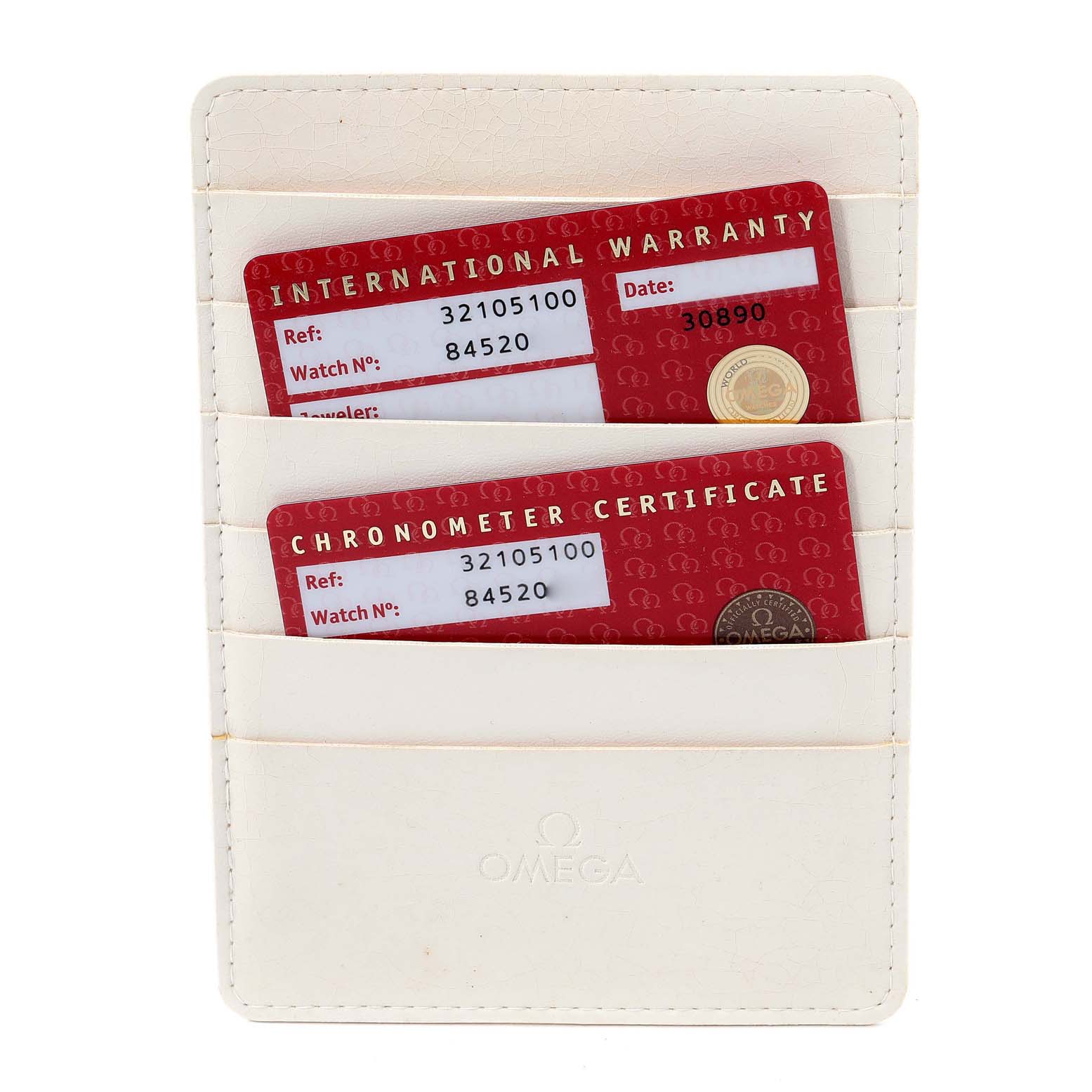 The image shows the warranty cards and chronometer certificate for an Omega Speedmaster 3210.51.00 Men's Stainless Steel Black Dial 3210.51.00 Men's Stainless Steel Black Dial watch in a white leather cardholder.