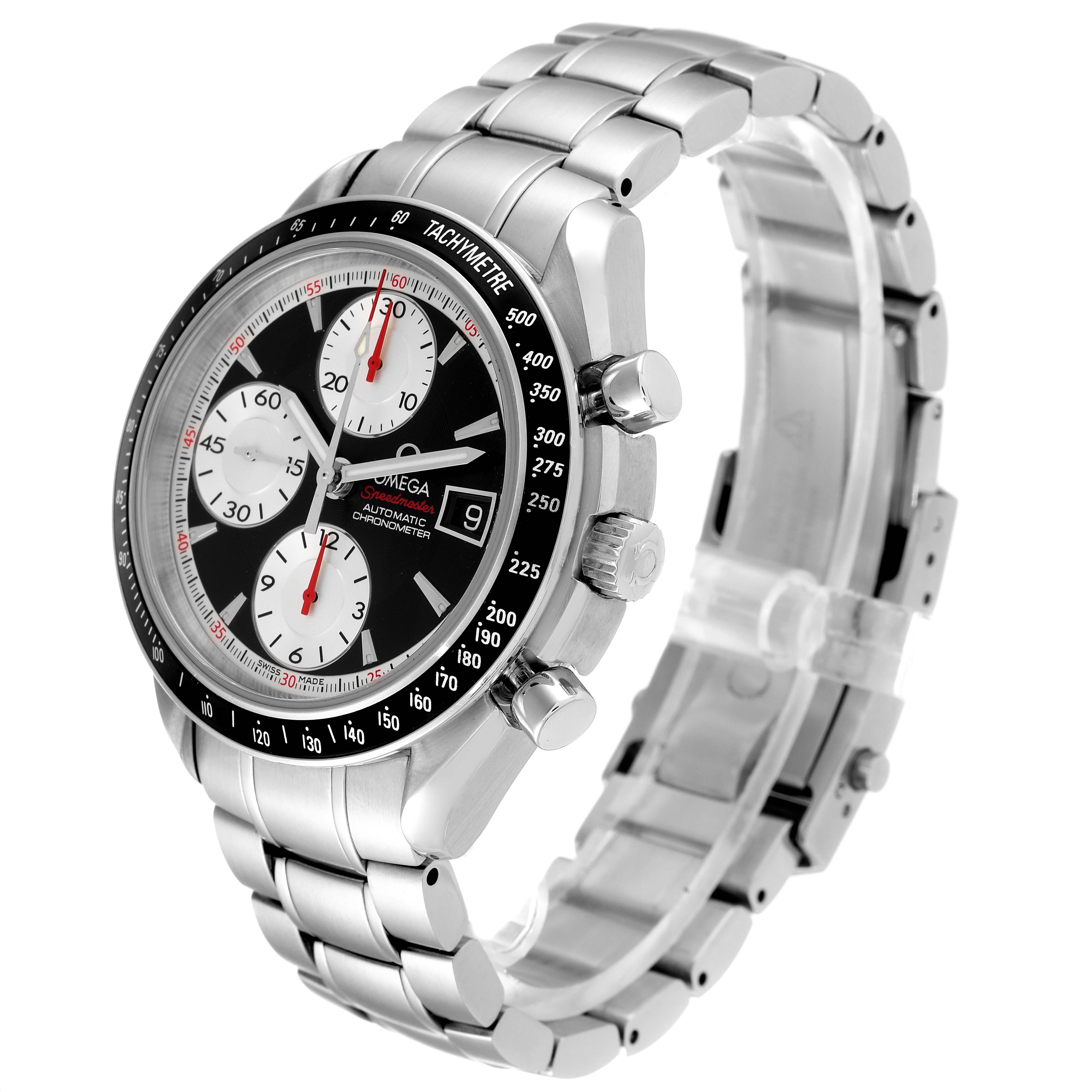 The Omega Speedmaster 3210.51.00 Men's Stainless Steel Black Dial 3210.51.00 Men's Stainless Steel Black Dial watch is shown at a three-quarter angle, showcasing its face, bezel, side buttons, crown, and stainless steel bracelet.