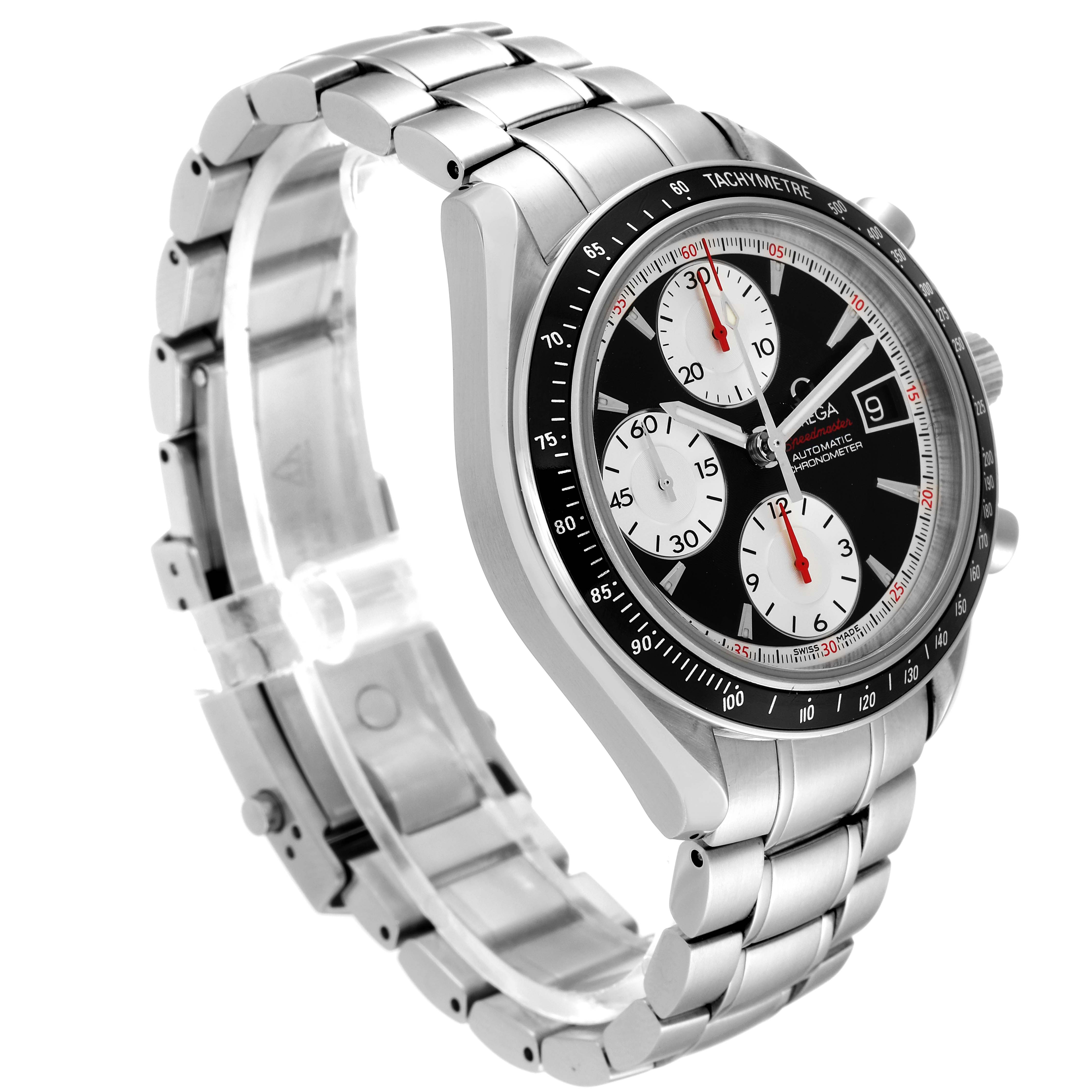 The image shows an angled view of the Omega Speedmaster 3210.51.00 Men's Stainless Steel Black Dial 3210.51.00 Men's Stainless Steel Black Dial watch, displaying its face, chronograph subdials, and stainless steel bracelet.