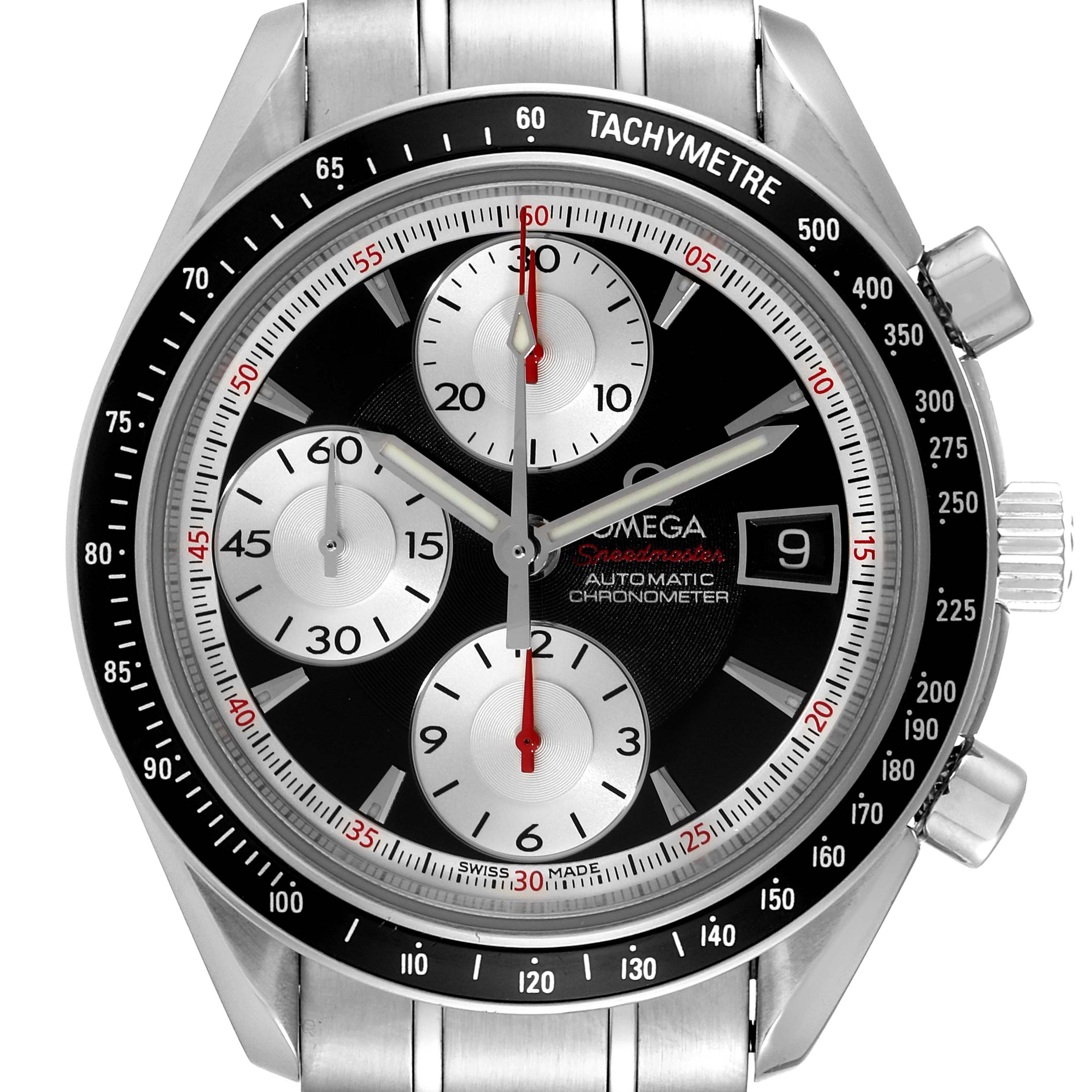 This is a close-up view of the Omega Speedmaster 3210.51.00 Men's Stainless Steel Black Dial 3210.51.00 Men's Stainless Steel Black Dial watch face displaying the tachymeter, chronograph dials, and date window.